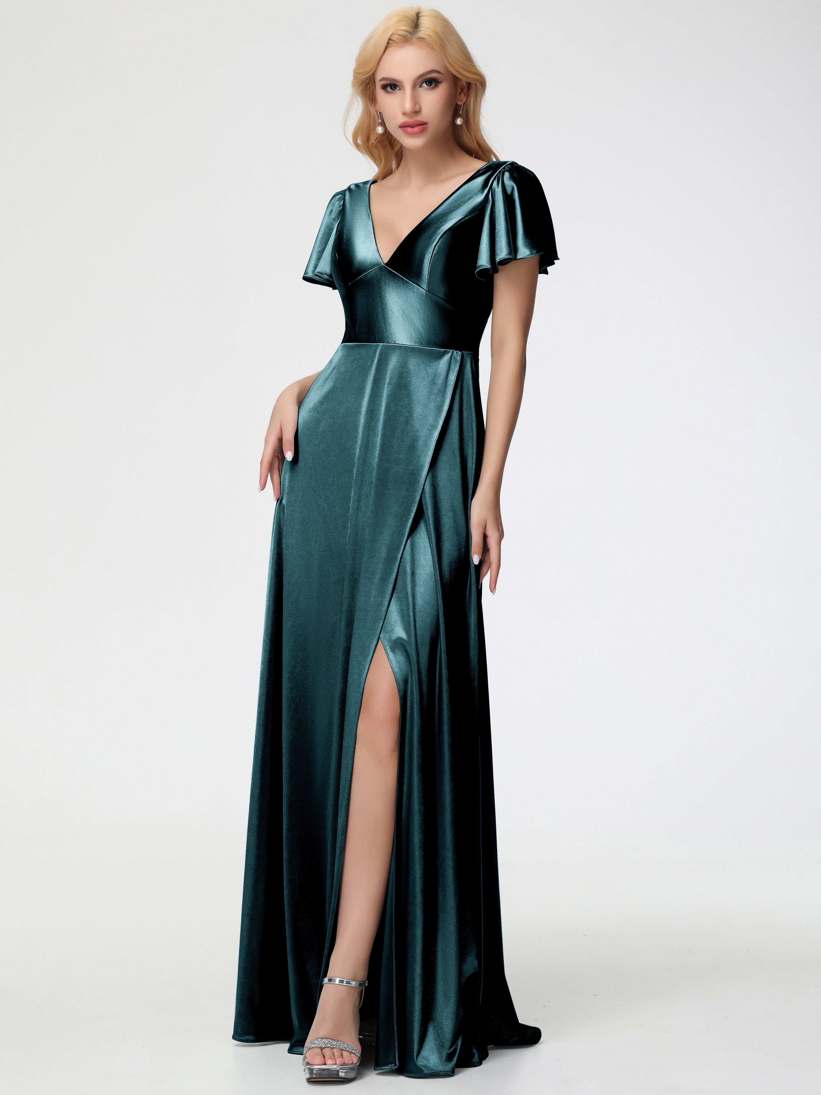 Robes De Demoiselle D'Honneur Couleur Paon Bon Marché Col V Manches à Volants Fendue Trapèze Satin Extensible Robe De Demoiselle D'Honneur