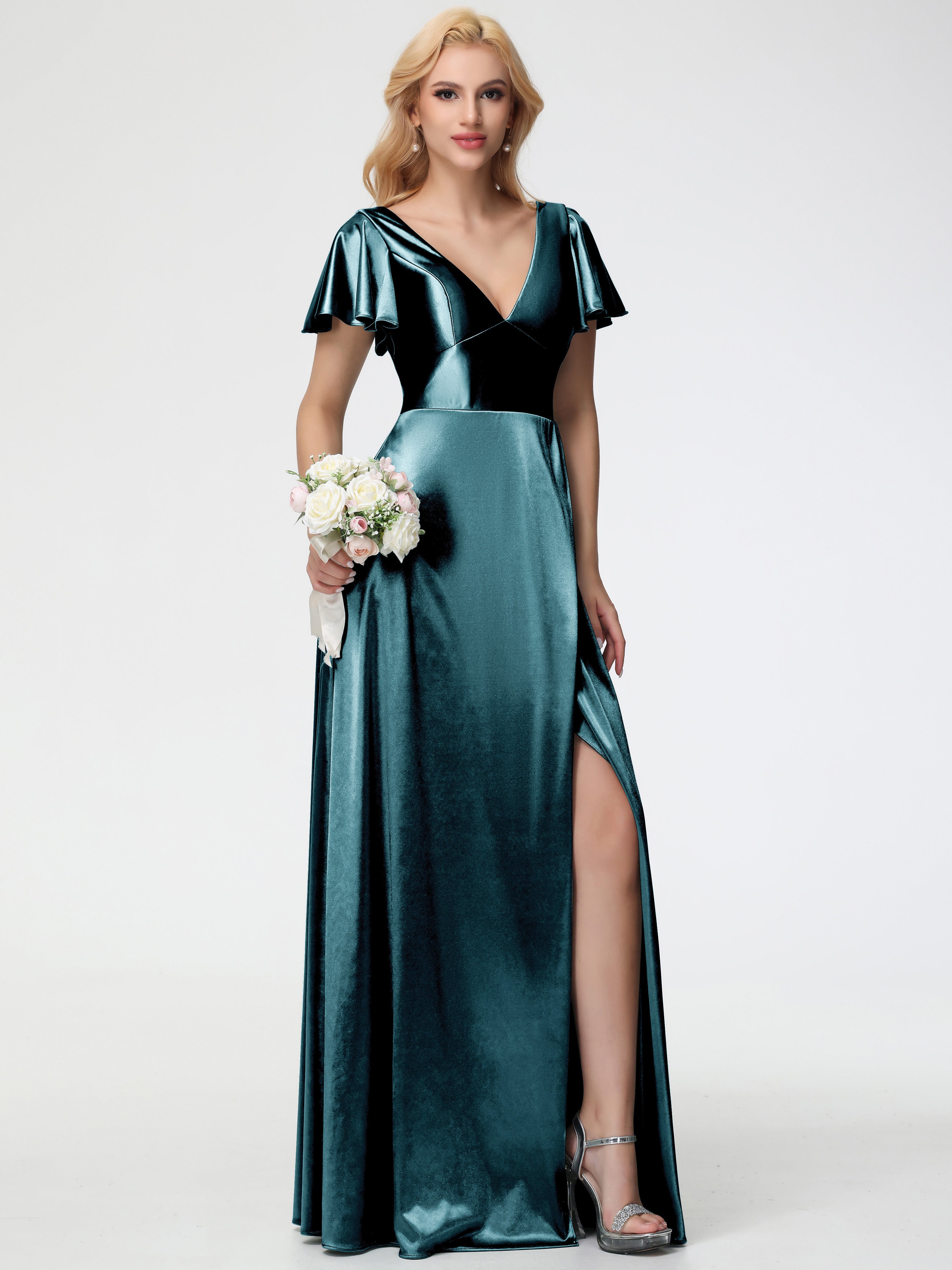 Robes De Demoiselle D'Honneur Couleur Paon Bon Marché Col V Manches à Volants Fendue Trapèze Satin Extensible Robe De Demoiselle D'Honneur