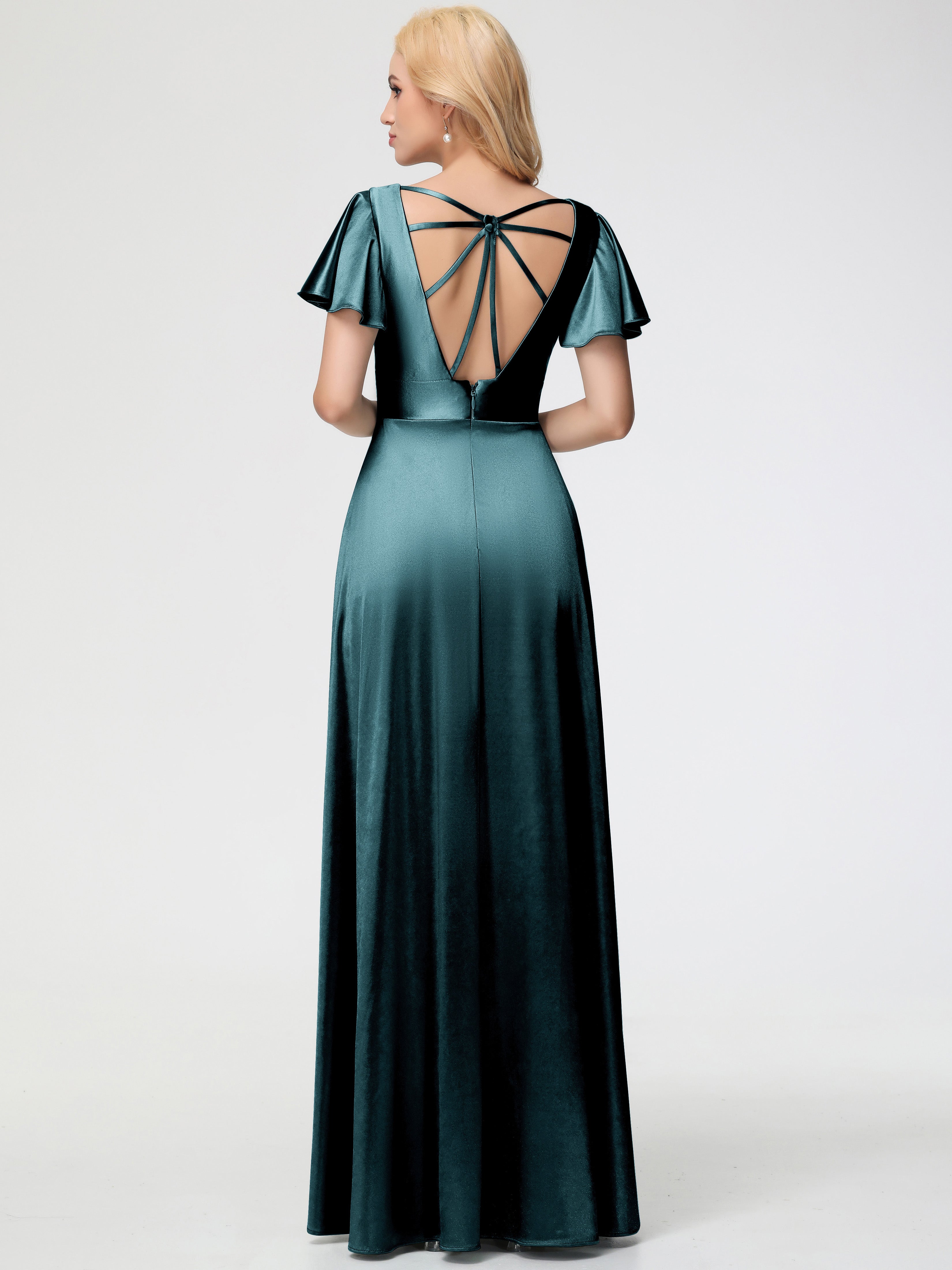 Robes De Demoiselle D'Honneur Couleur Paon Bon Marché Col V Manches à Volants Fendue Trapèze Satin Extensible Robe De Demoiselle D'Honneur