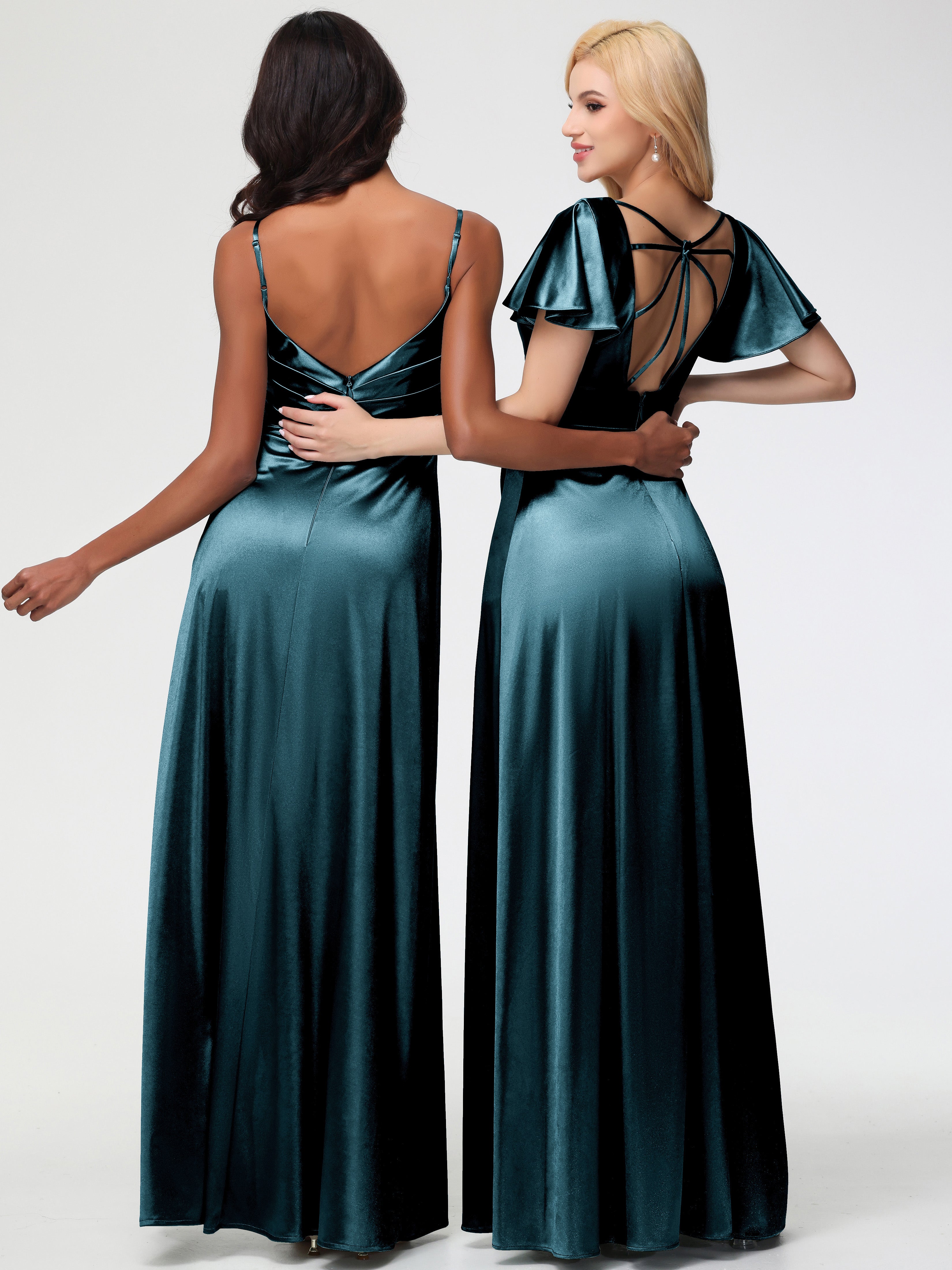 Robes De Demoiselle D'Honneur Couleur Paon Bon Marché Col V Manches à Volants Fendue Trapèze Satin Extensible Robe De Demoiselle D'Honneur
