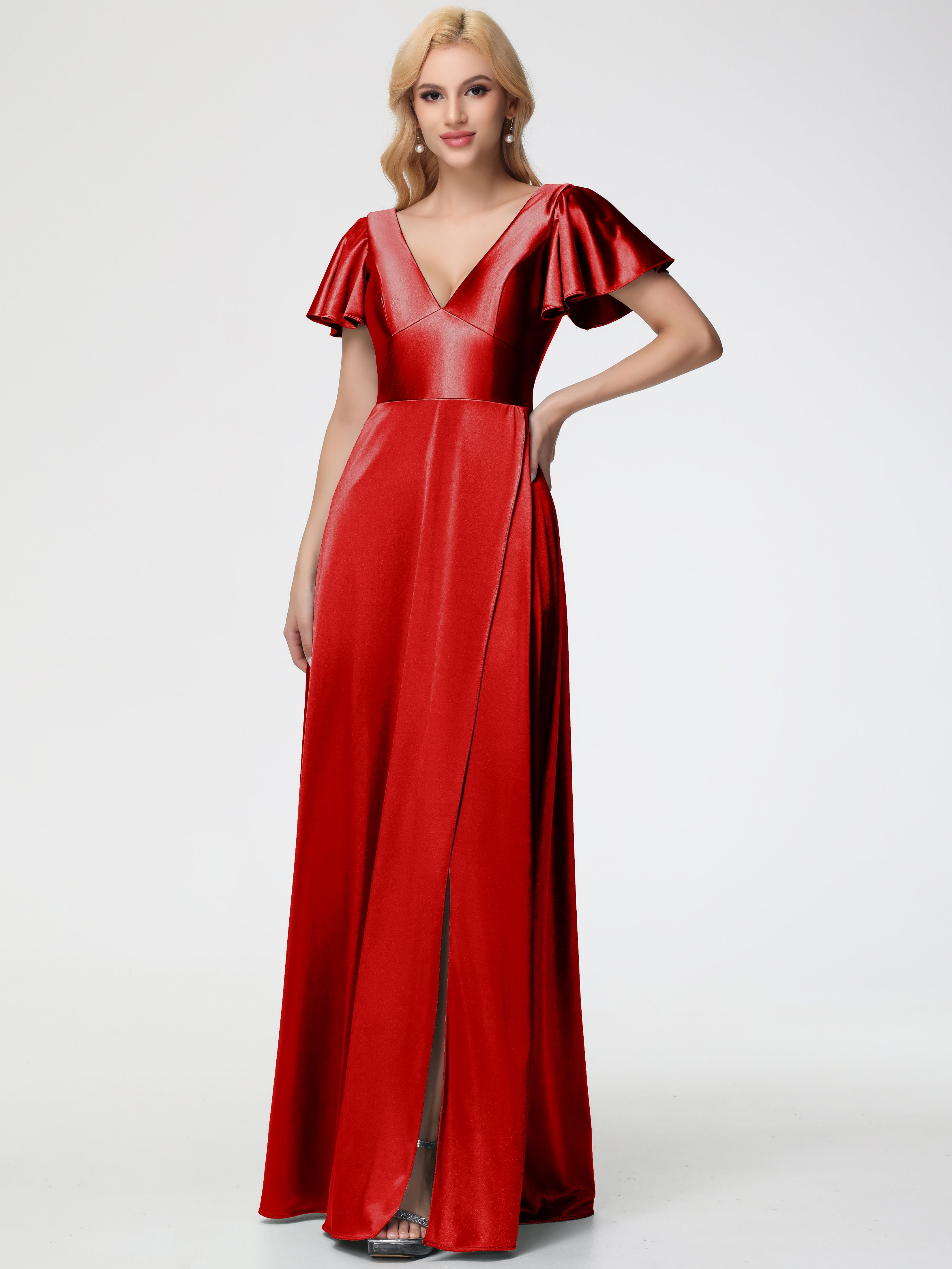 Robe De Demoiselle D'Honneur Rouge Col V Manches à Volants Fendue Trapèze Satin Extensible Robe De Demoiselle D'Honneur