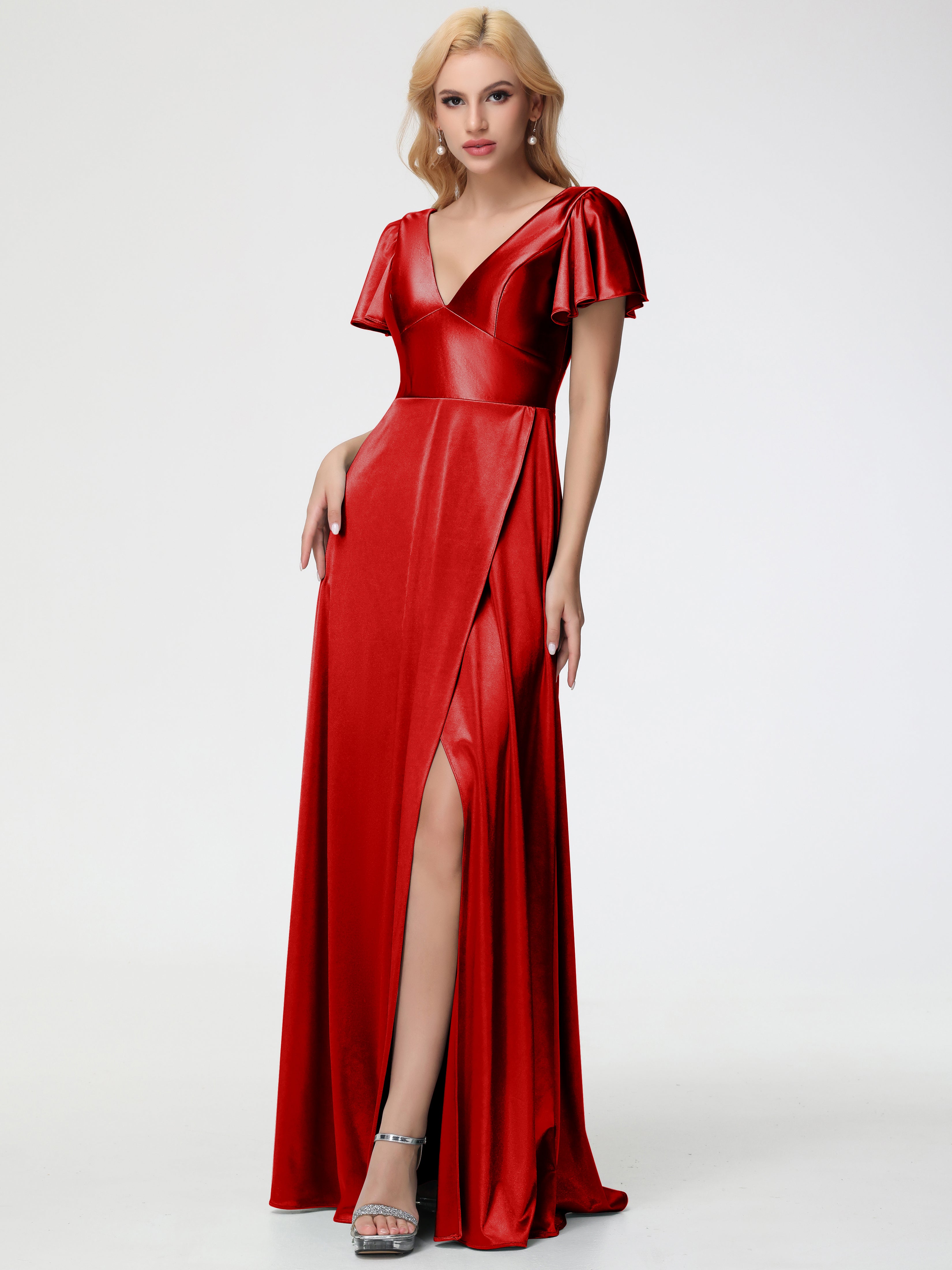 Robe De Demoiselle D'Honneur Rouge Col V Manches à Volants Fendue Trapèze Satin Extensible Robe De Demoiselle D'Honneur