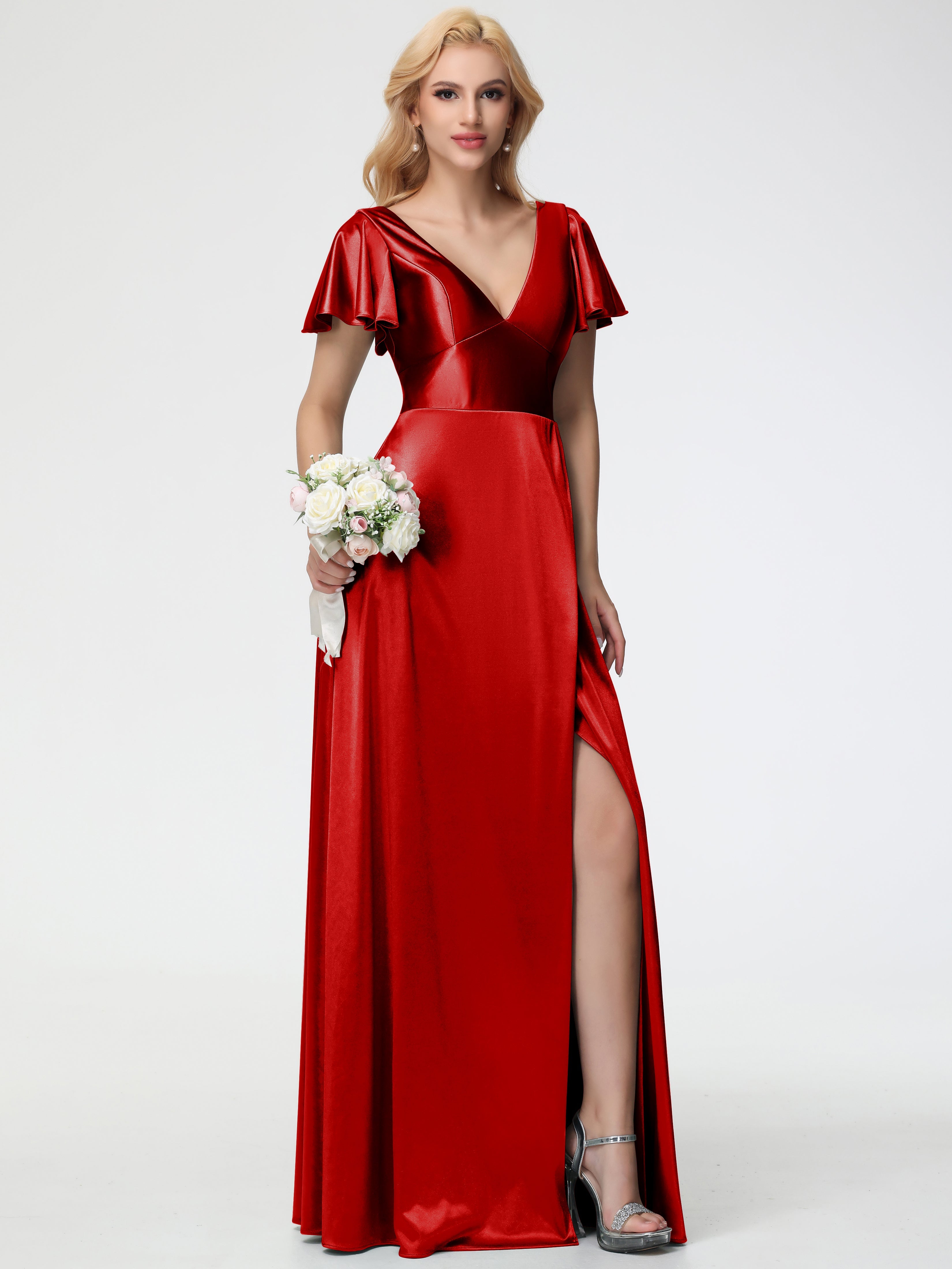 Robe De Demoiselle D'Honneur Rouge Col V Manches à Volants Fendue Trapèze Satin Extensible Robe De Demoiselle D'Honneur