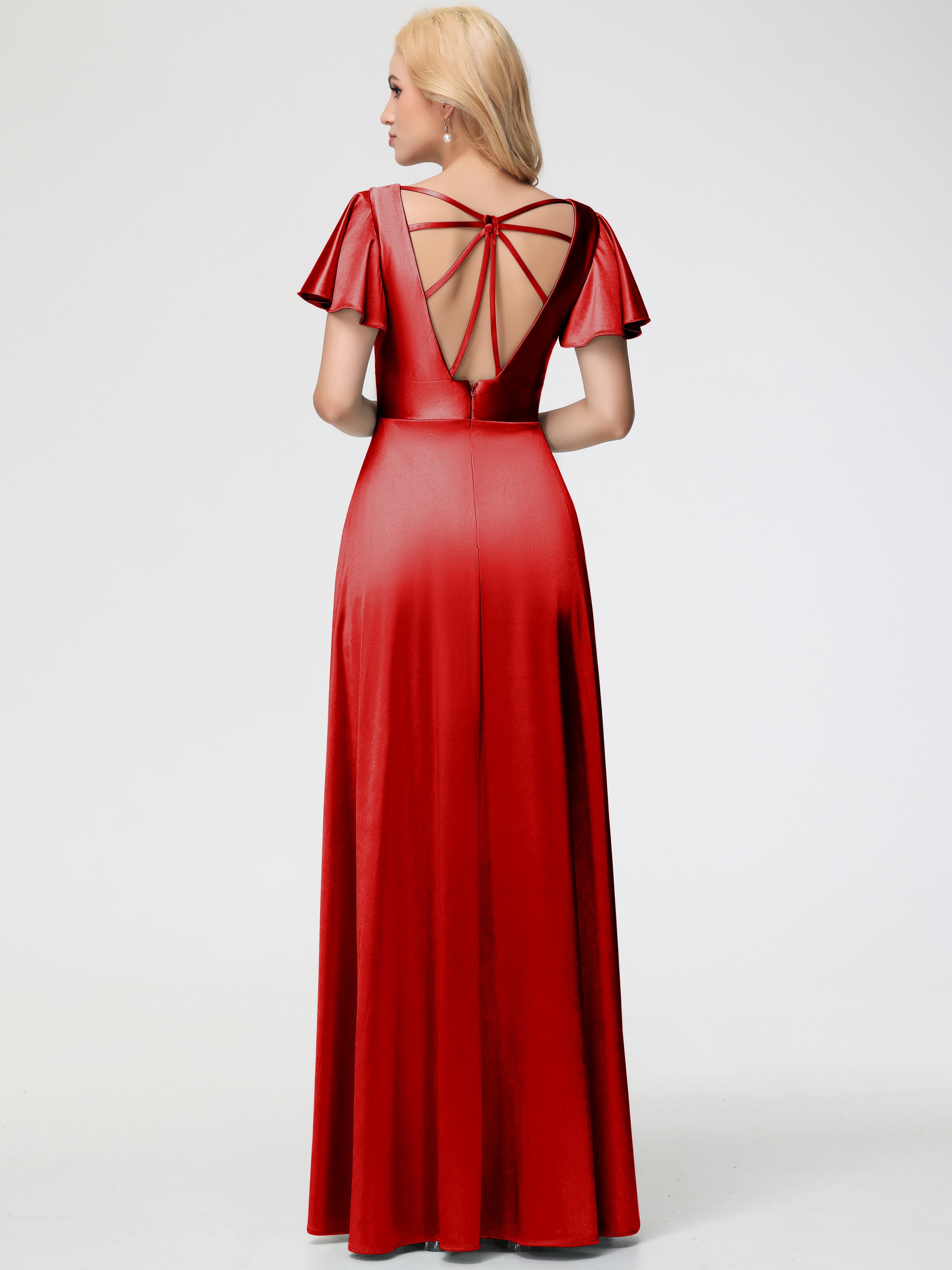 Robe De Demoiselle D'Honneur Rouge Col V Manches à Volants Fendue Trapèze Satin Extensible Robe De Demoiselle D'Honneur