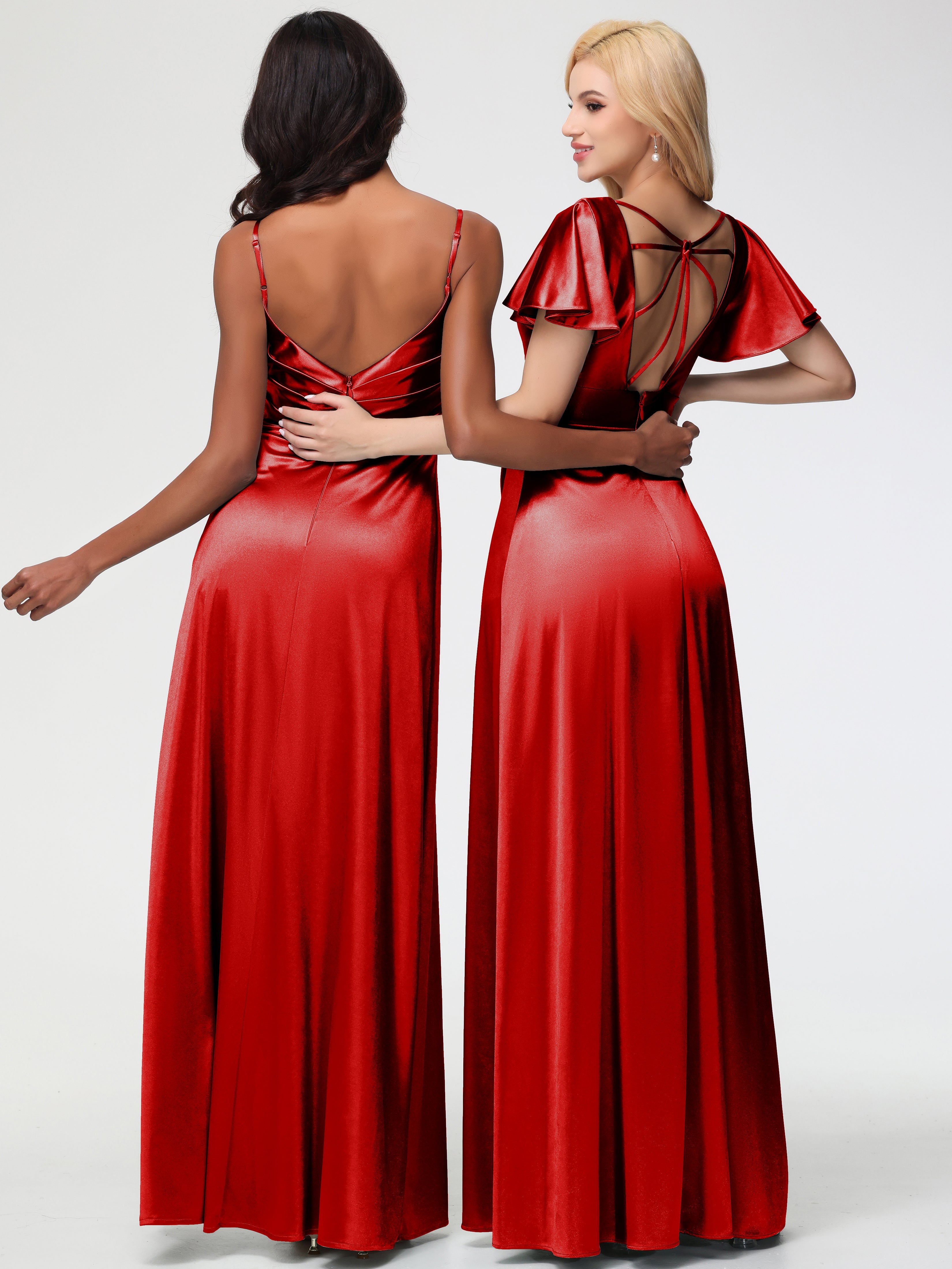 Robe De Demoiselle D'Honneur Rouge Col V Manches à Volants Fendue Trapèze Satin Extensible Robe De Demoiselle D'Honneur