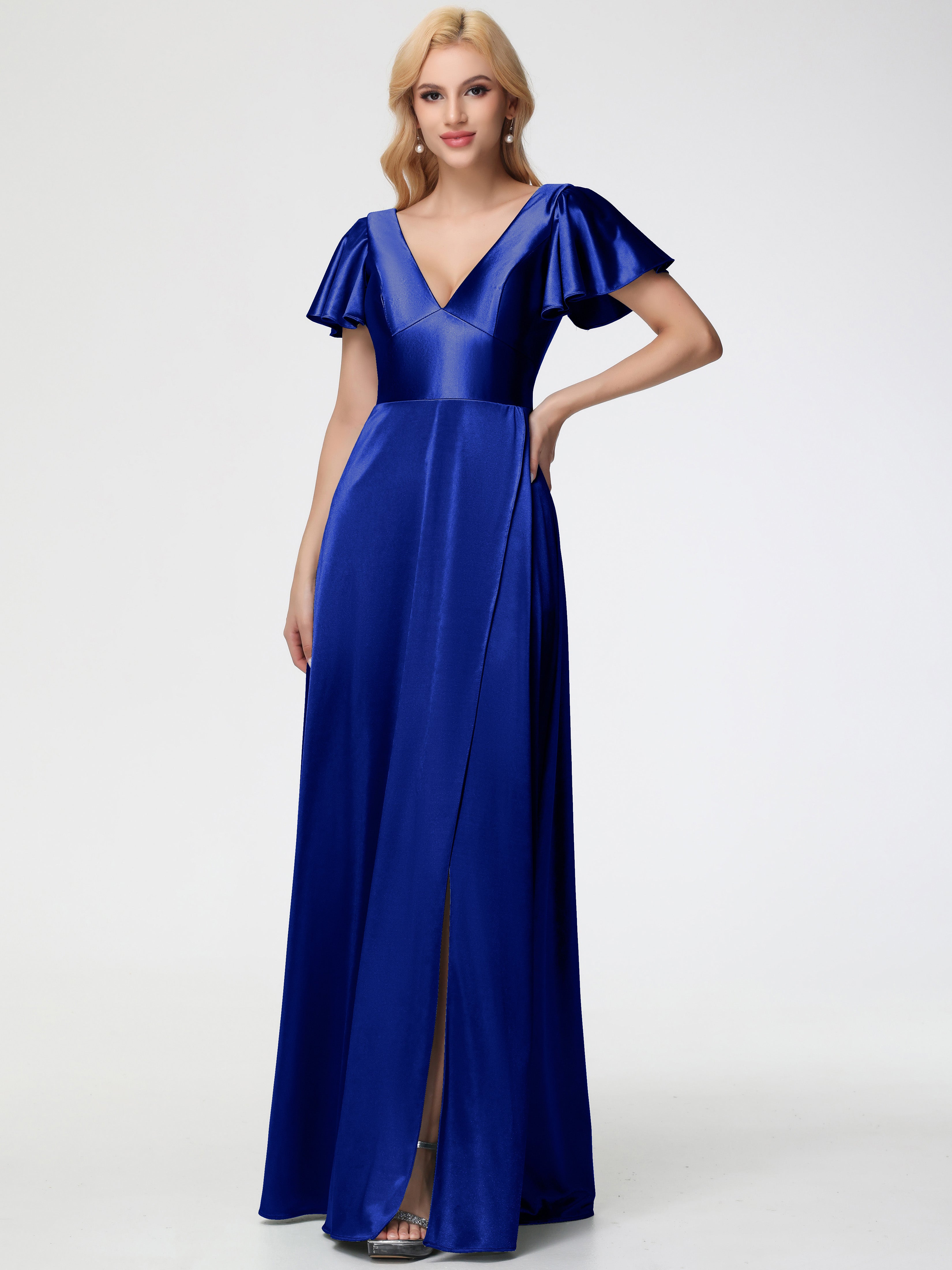 Robes De Demoiselle D'Honneur Bleu Royal Longues Col V Manches à Volants Fendue Trapèze Satin Extensible Robe De Demoiselle D'Honneur