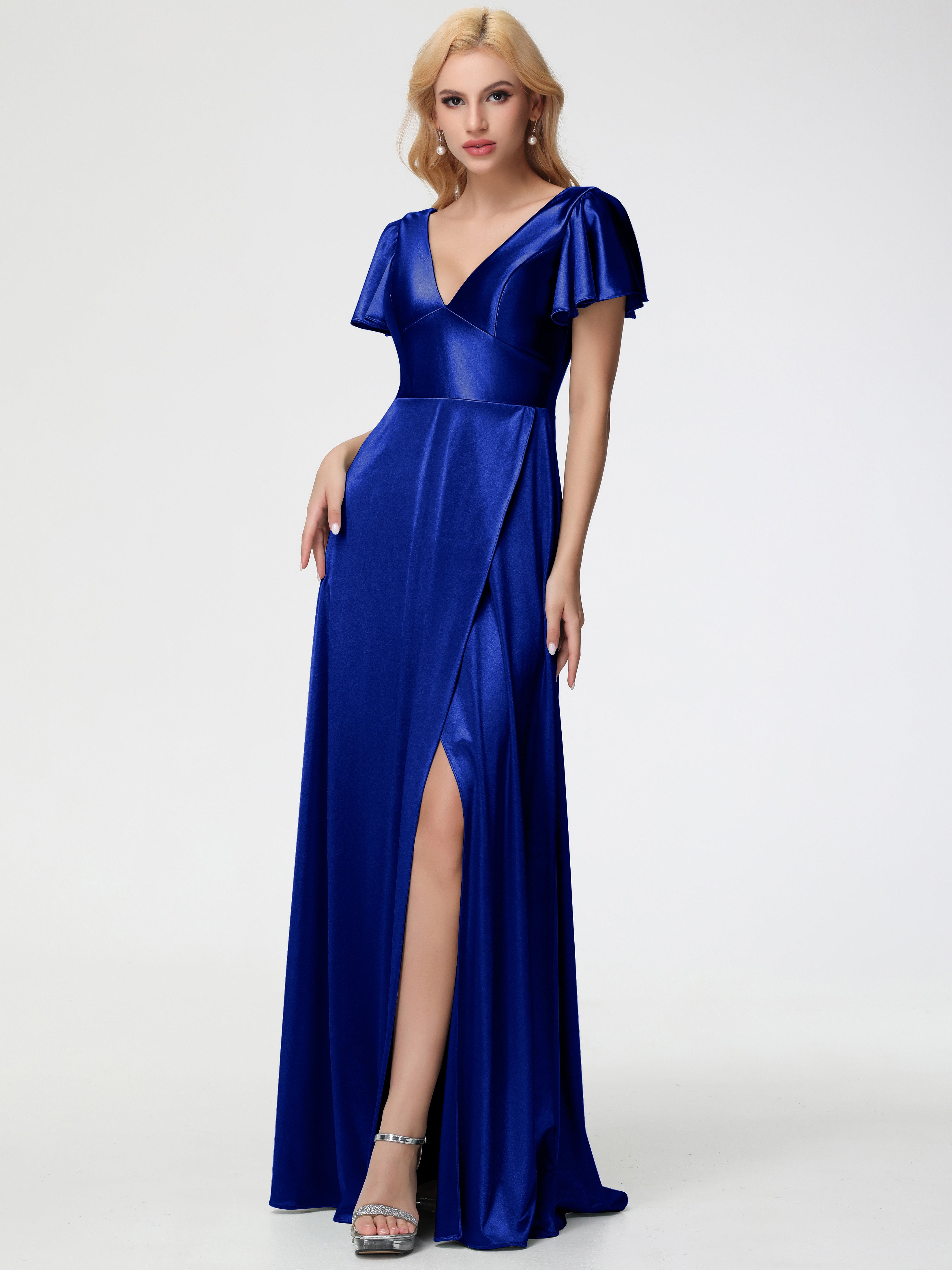Robes De Demoiselle D'Honneur Bleu Royal Longues Col V Manches à Volants Fendue Trapèze Satin Extensible Robe De Demoiselle D'Honneur