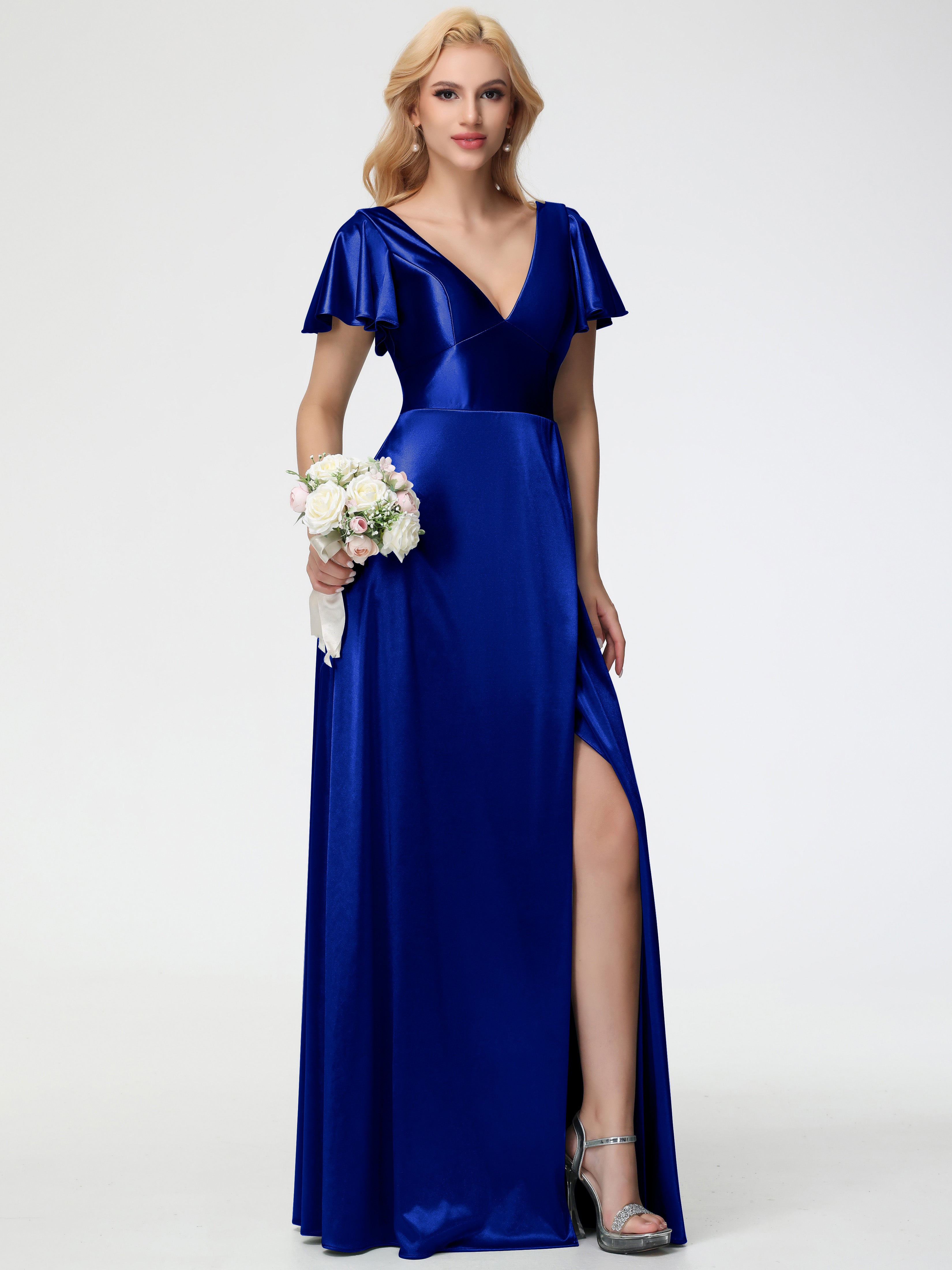 Robes De Demoiselle D'Honneur Bleu Royal Longues Col V Manches à Volants Fendue Trapèze Satin Extensible Robe De Demoiselle D'Honneur