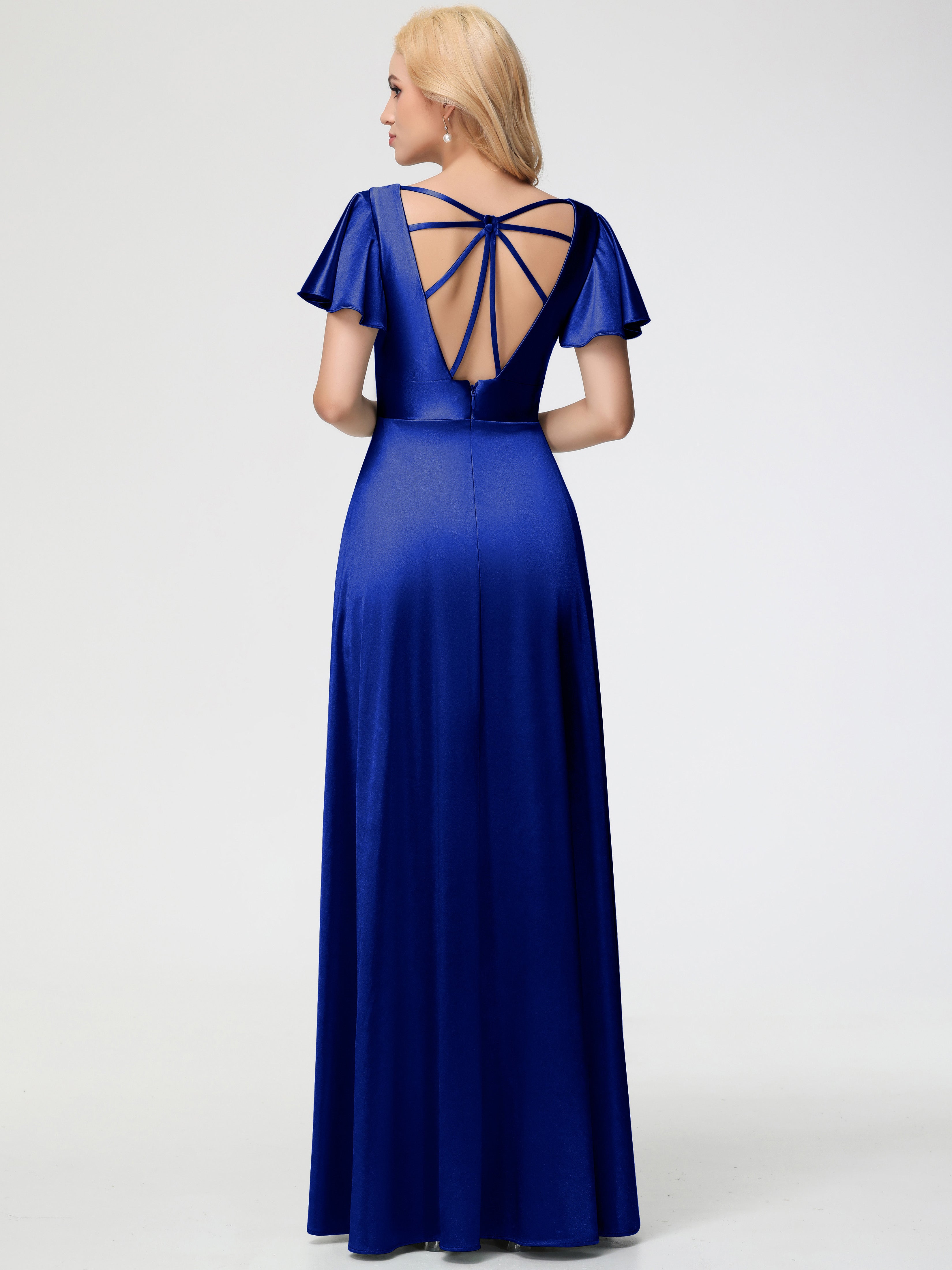 Robes De Demoiselle D'Honneur Bleu Royal Longues Col V Manches à Volants Fendue Trapèze Satin Extensible Robe De Demoiselle D'Honneur