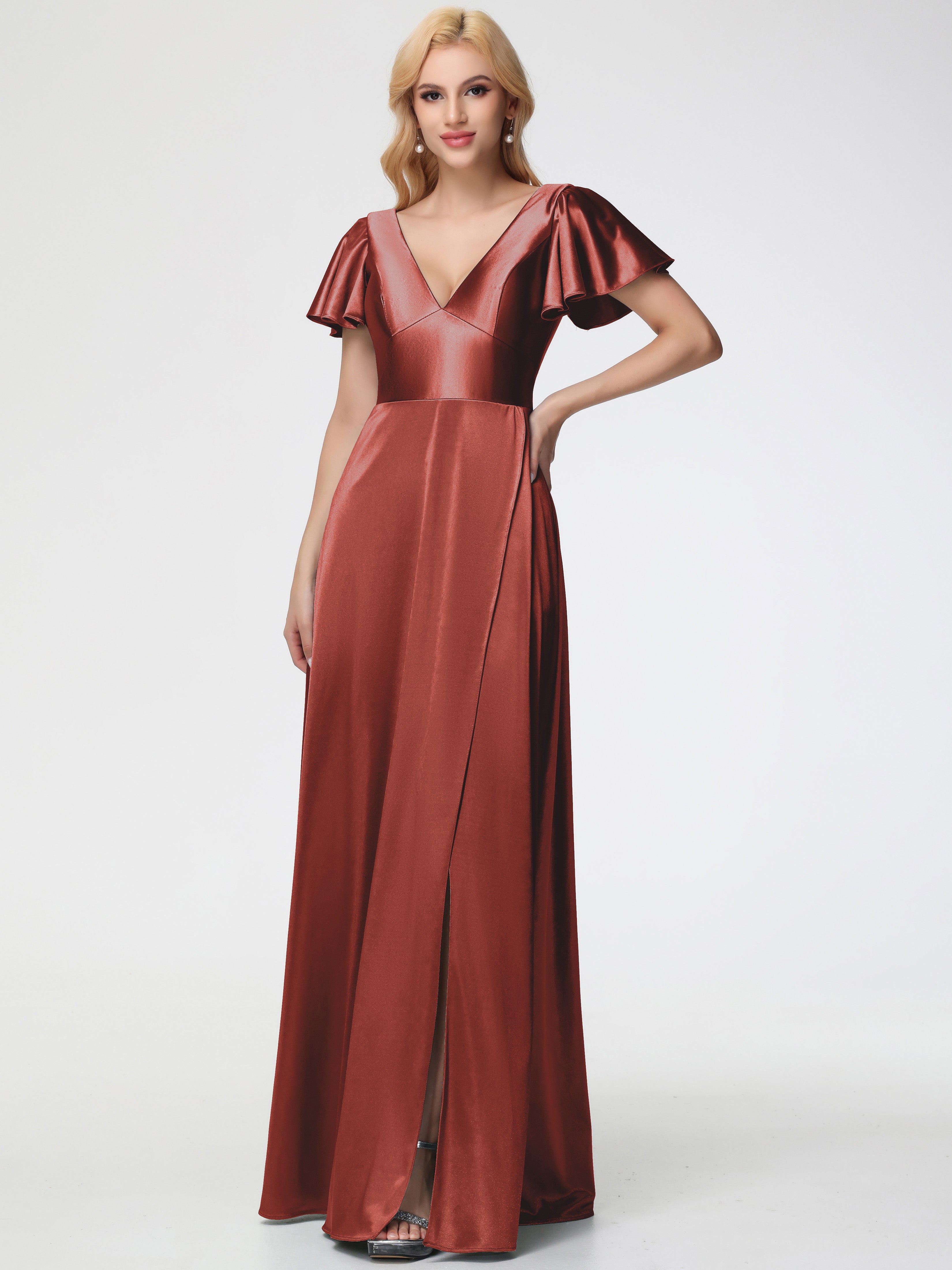 Longues Robes De Demoiselle D'Honneur De Rouille Col V Manches à Volants Fendue Trapèze Satin Extensible Robe De Demoiselle D'Honneur