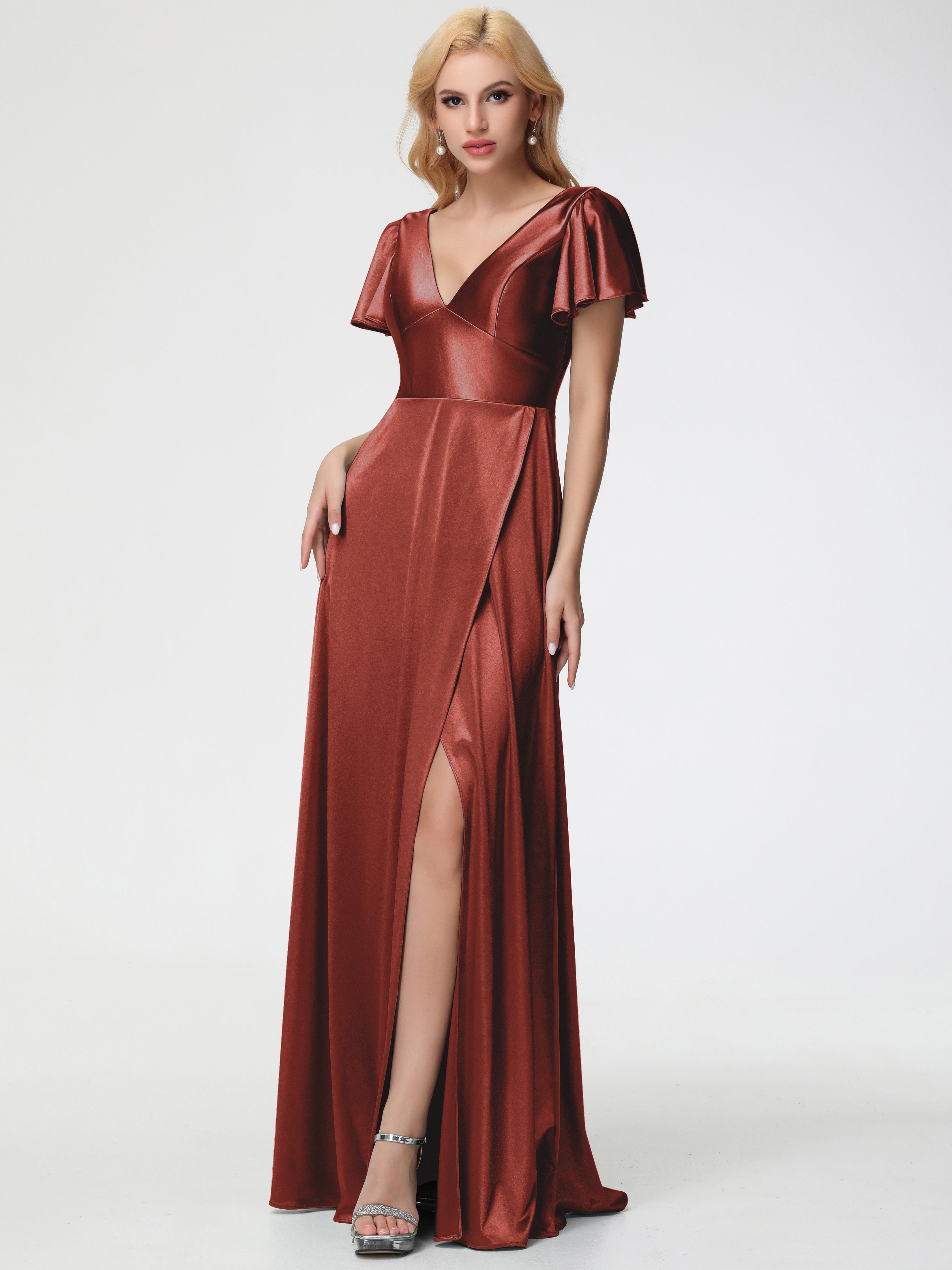 Longues Robes De Demoiselle D'Honneur De Rouille Col V Manches à Volants Fendue Trapèze Satin Extensible Robe De Demoiselle D'Honneur