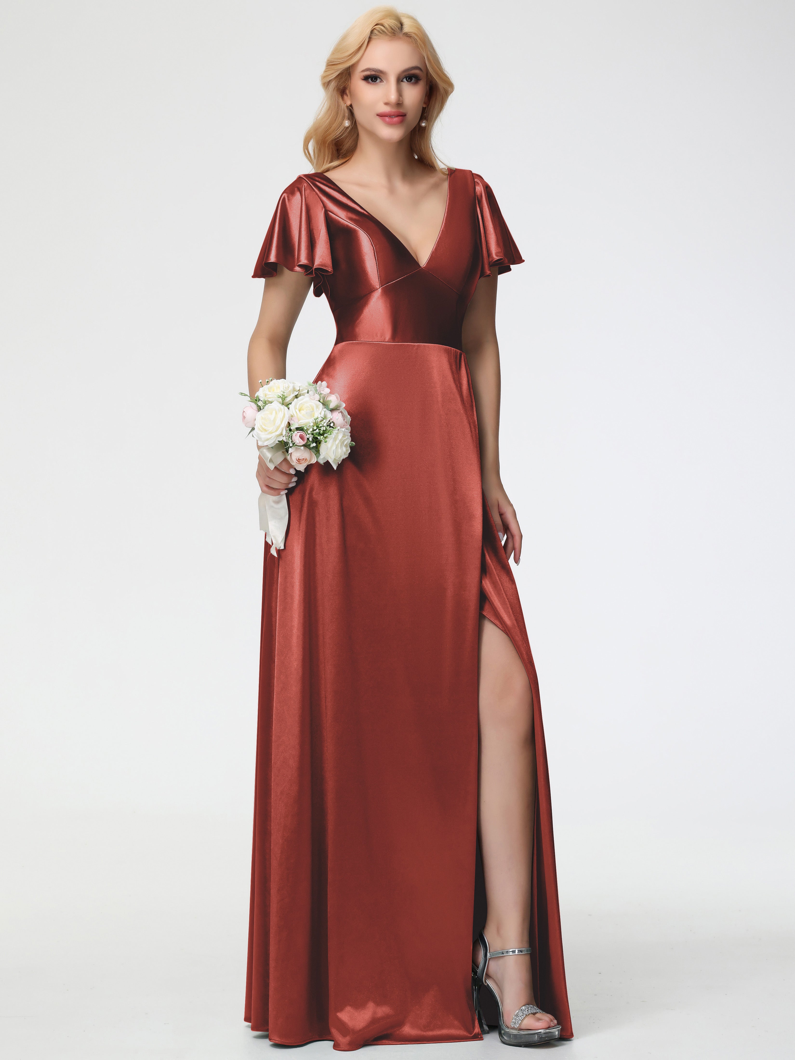 Longues Robes De Demoiselle D'Honneur De Rouille Col V Manches à Volants Fendue Trapèze Satin Extensible Robe De Demoiselle D'Honneur