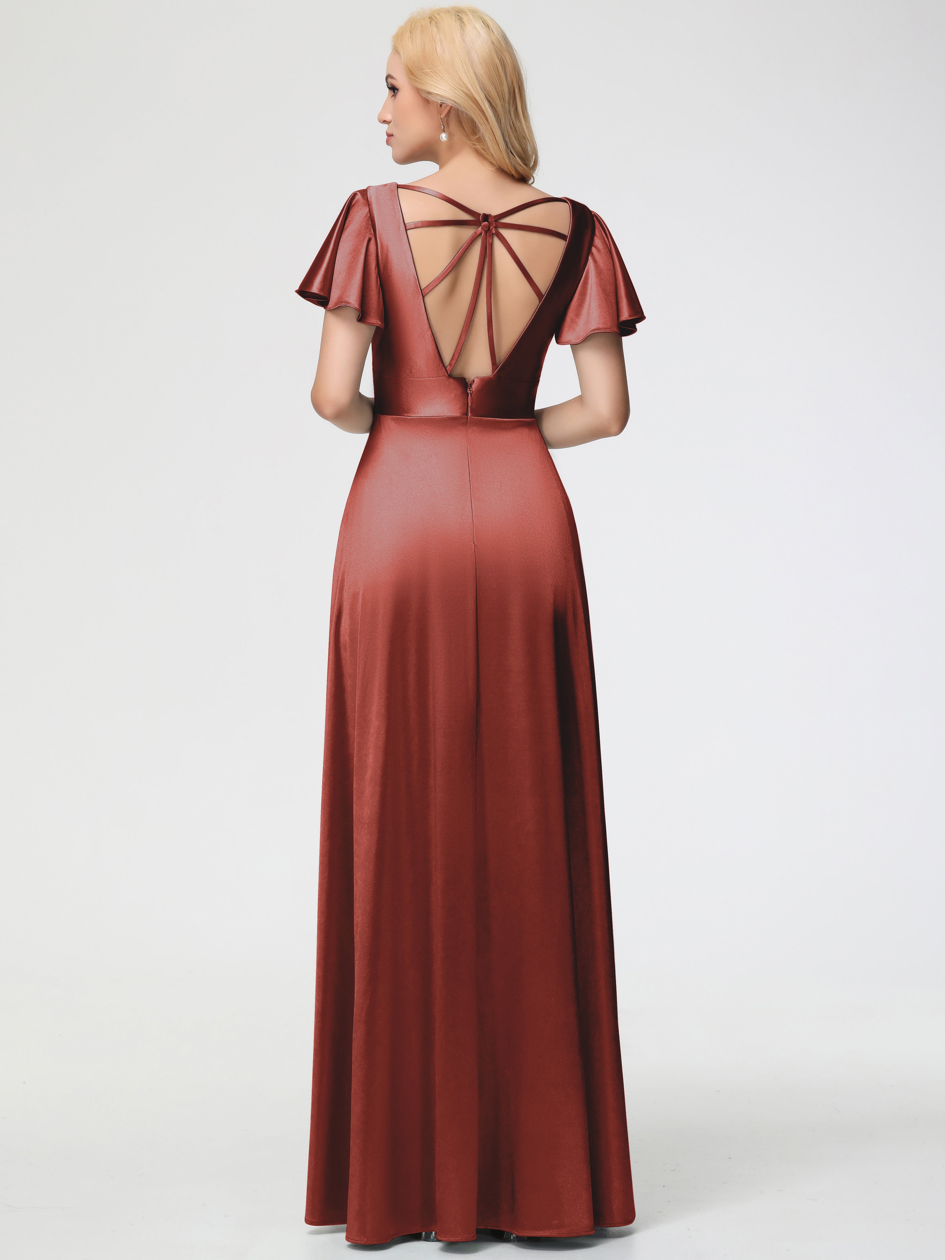 Longues Robes De Demoiselle D'Honneur De Rouille Col V Manches à Volants Fendue Trapèze Satin Extensible Robe De Demoiselle D'Honneur