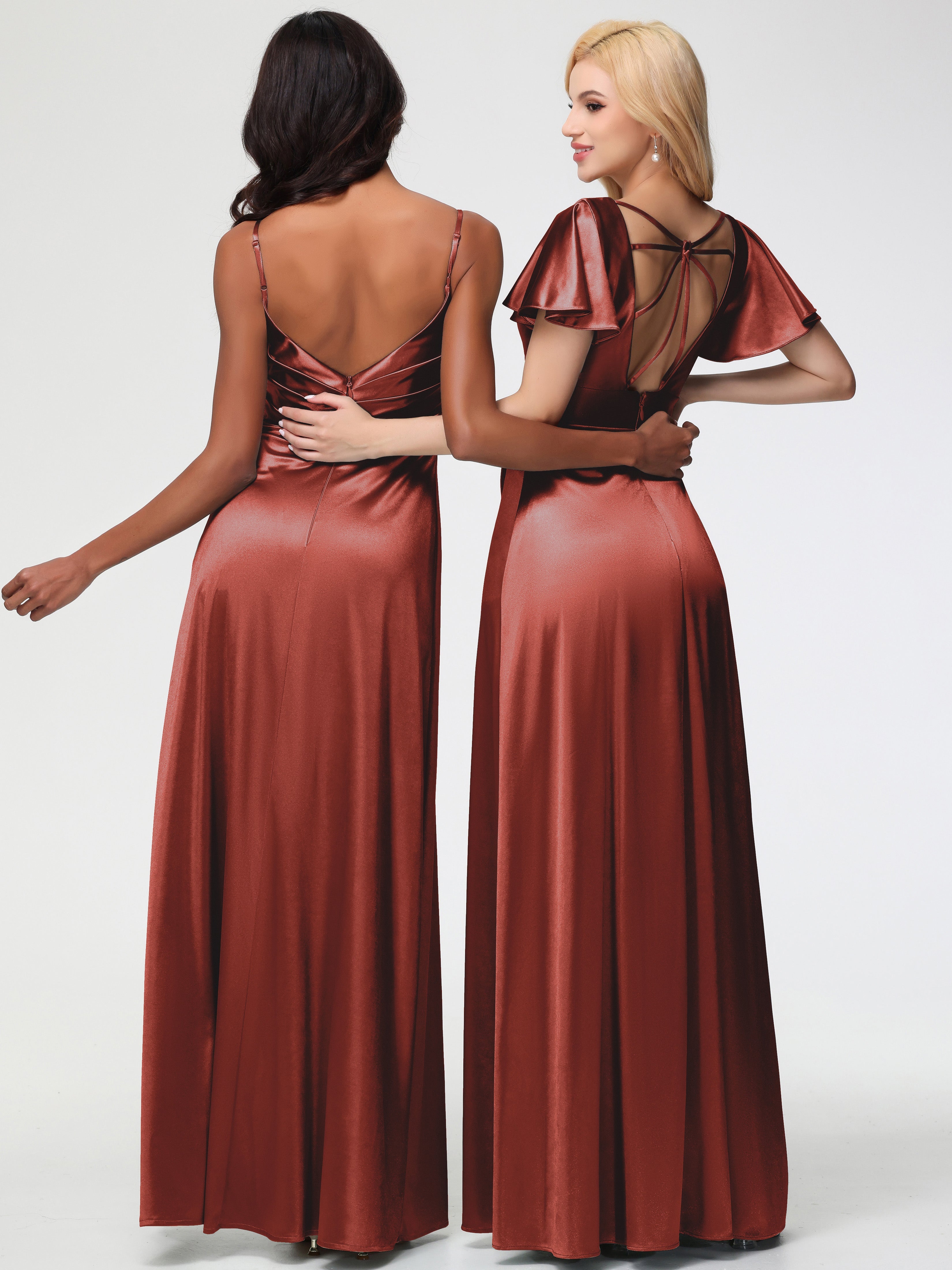 Longues Robes De Demoiselle D'Honneur De Rouille Col V Manches à Volants Fendue Trapèze Satin Extensible Robe De Demoiselle D'Honneur