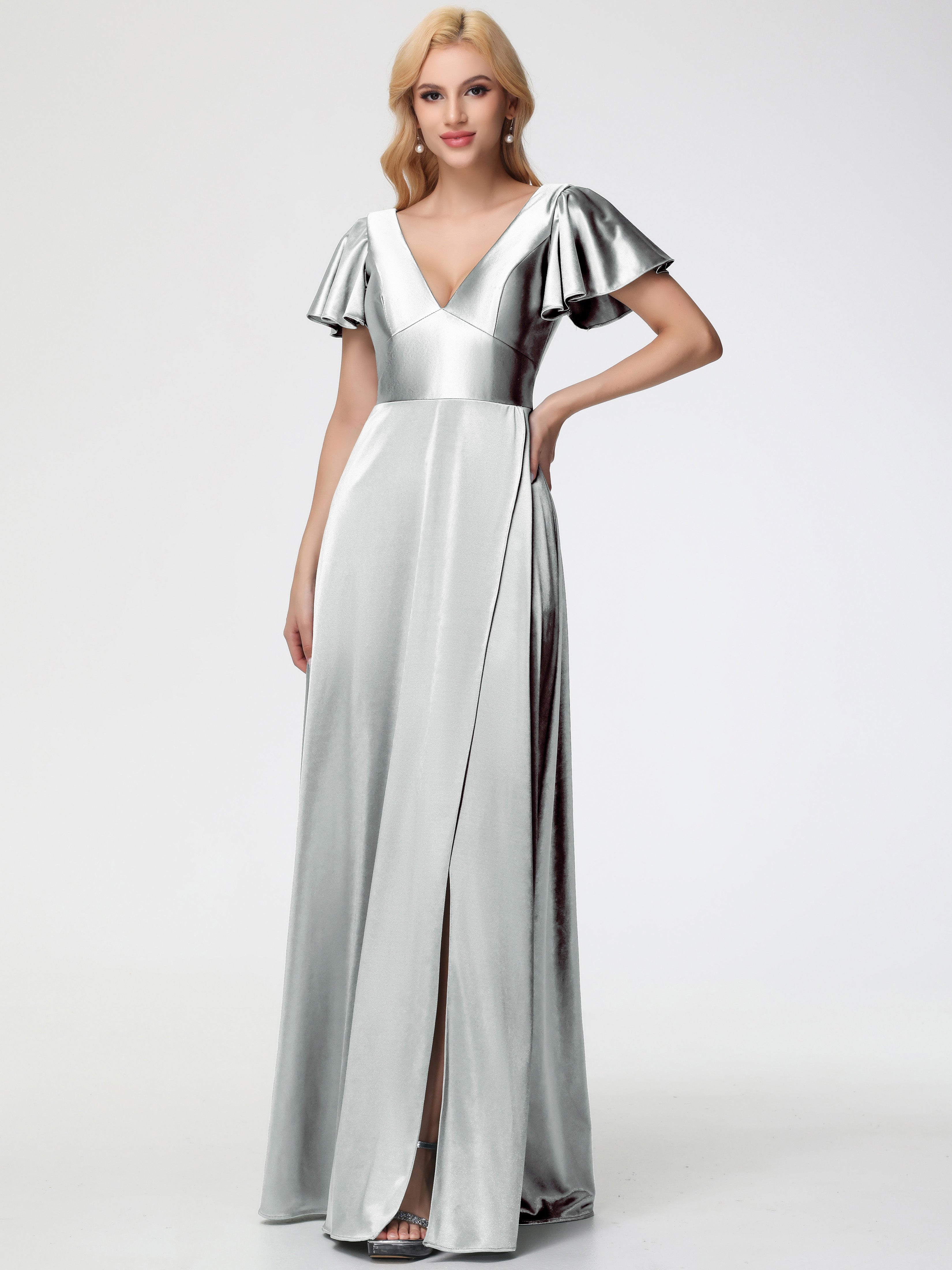 Robes De Demoiselle D'Honneur En Argent Col V Manches à Volants Fendue Trapèze Satin Extensible Robe De Demoiselle D'Honneur