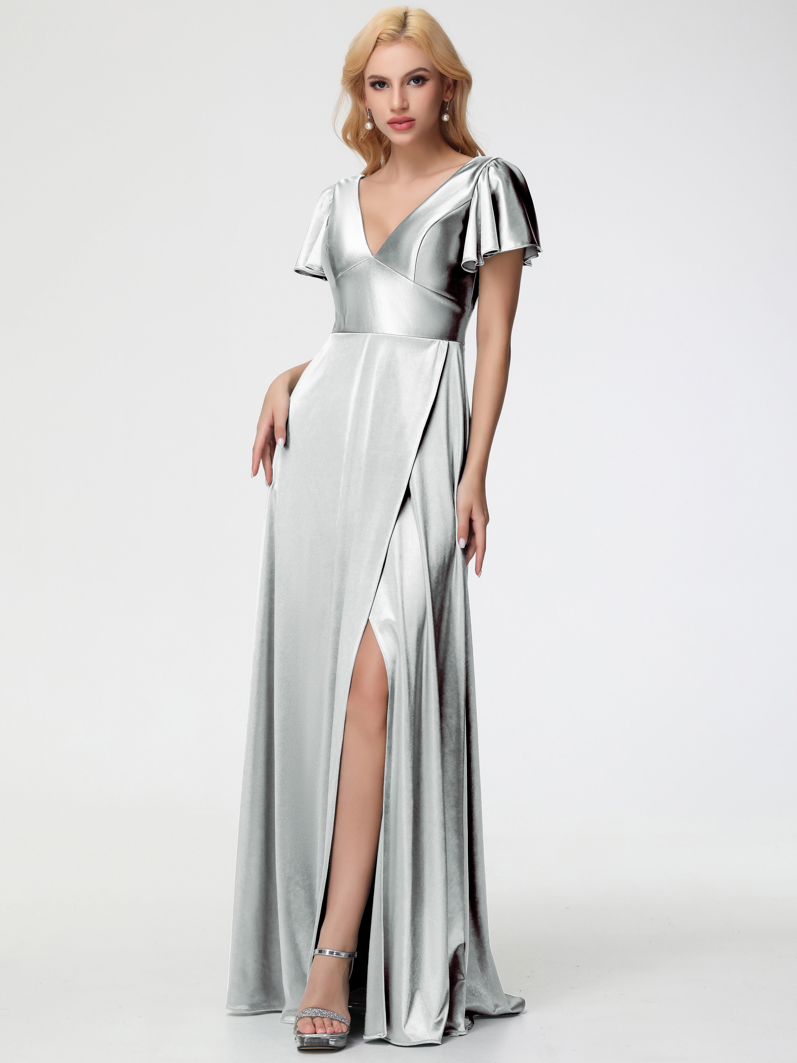 Robes De Demoiselle D'Honneur En Argent Col V Manches à Volants Fendue Trapèze Satin Extensible Robe De Demoiselle D'Honneur