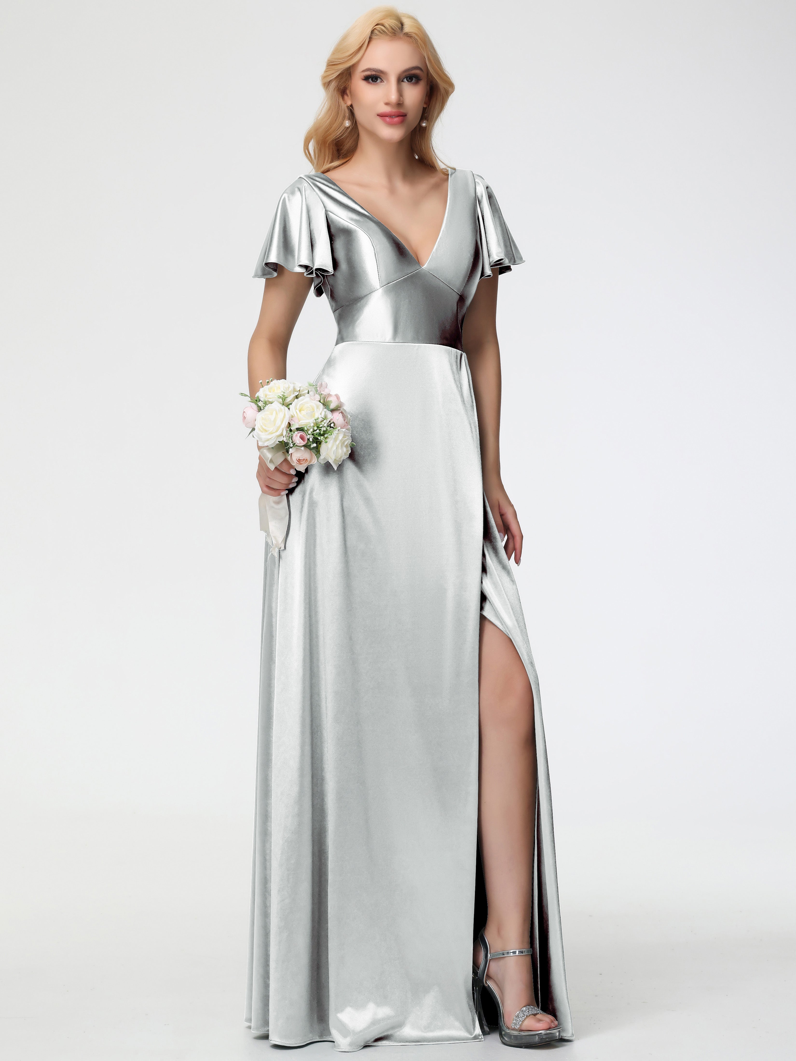 Robes De Demoiselle D'Honneur En Argent Col V Manches à Volants Fendue Trapèze Satin Extensible Robe De Demoiselle D'Honneur