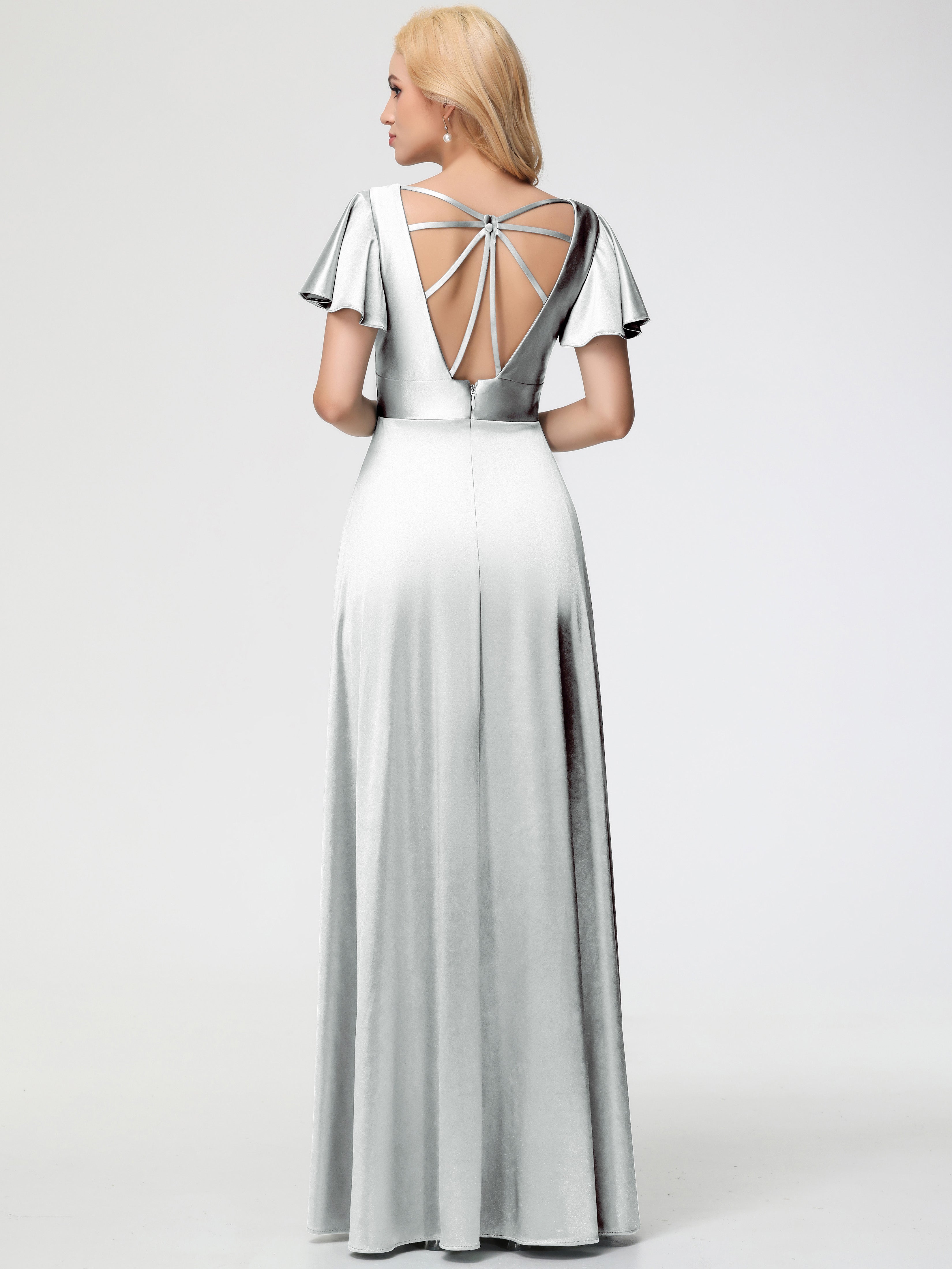 Robes De Demoiselle D'Honneur En Argent Col V Manches à Volants Fendue Trapèze Satin Extensible Robe De Demoiselle D'Honneur
