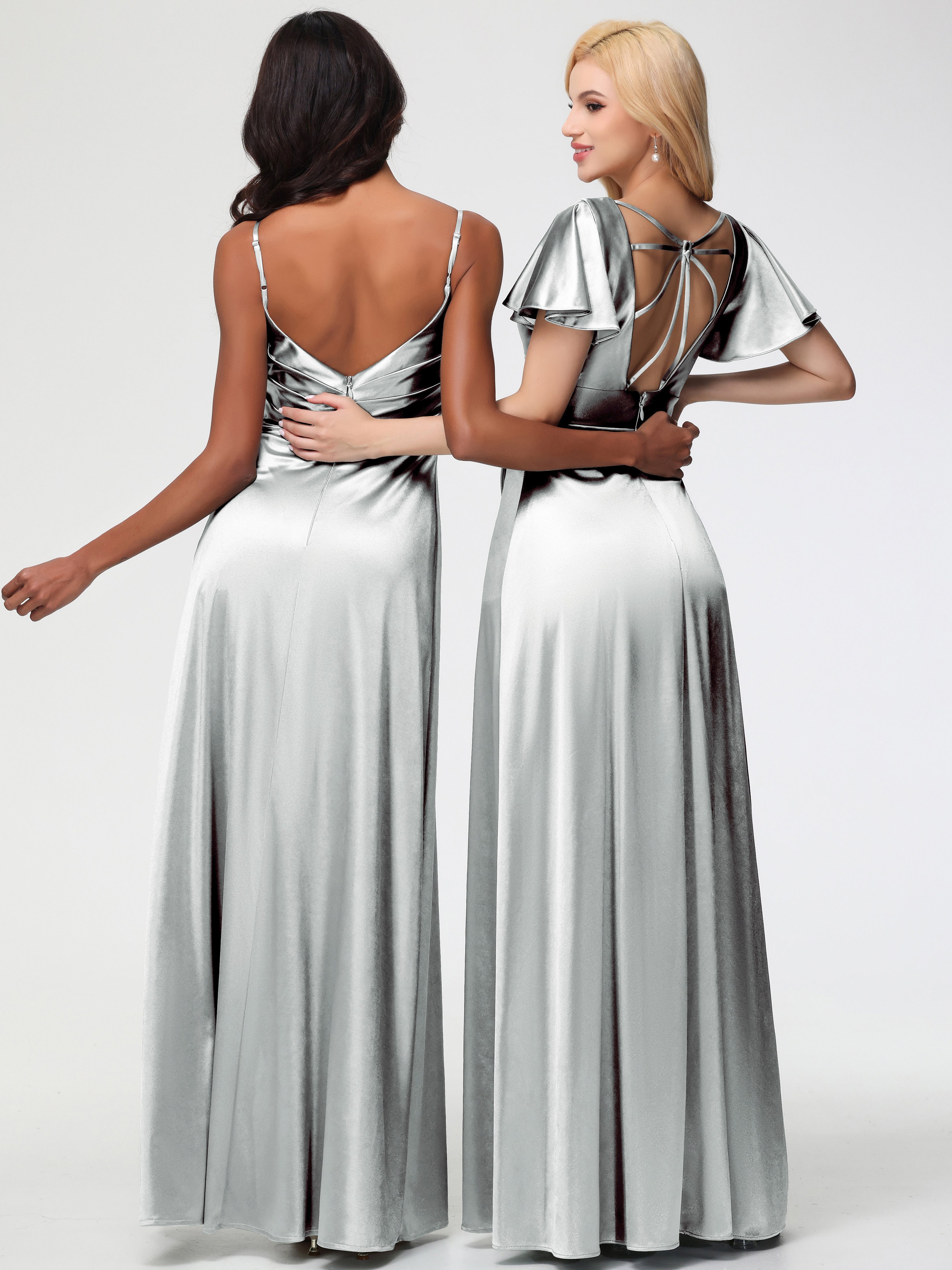 Robes De Demoiselle D'Honneur En Argent Col V Manches à Volants Fendue Trapèze Satin Extensible Robe De Demoiselle D'Honneur
