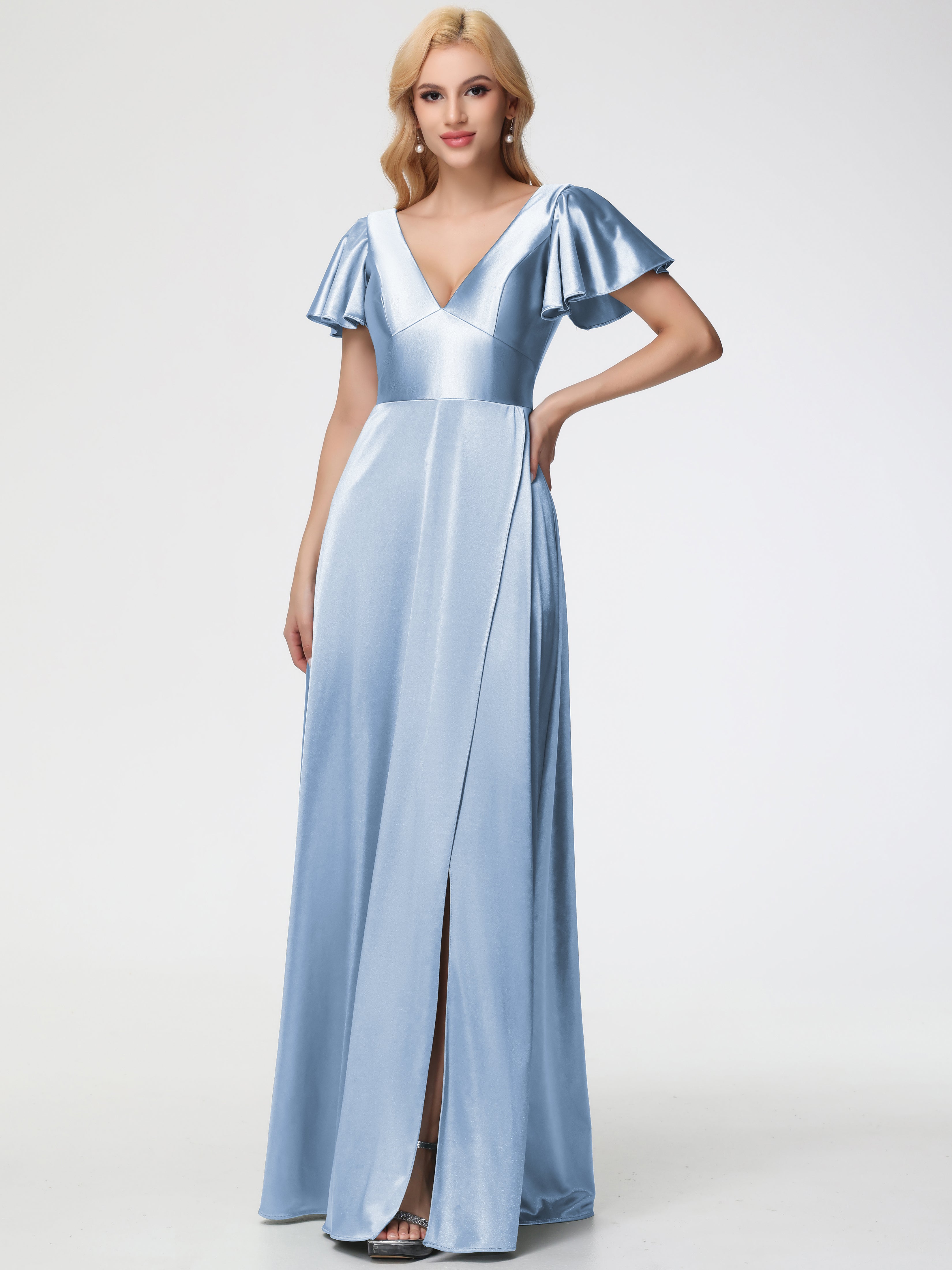 Robes De Demoiselle D'Honneur Bleu Ciel Col V Manches à Volants Fendue Trapèze Satin Extensible Robe De Demoiselle D'Honneur