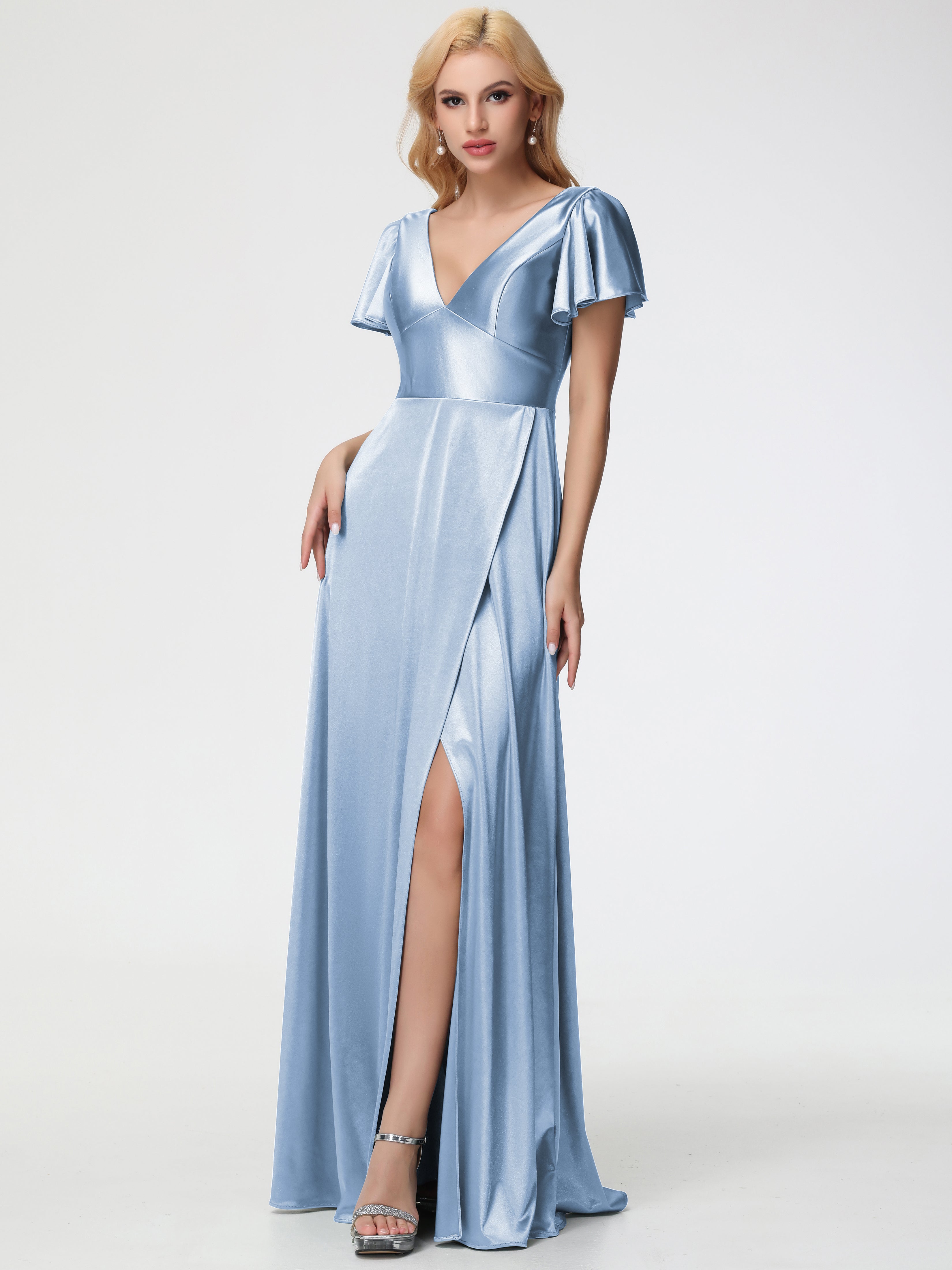 Robes De Demoiselle D'Honneur Bleu Ciel Col V Manches à Volants Fendue Trapèze Satin Extensible Robe De Demoiselle D'Honneur