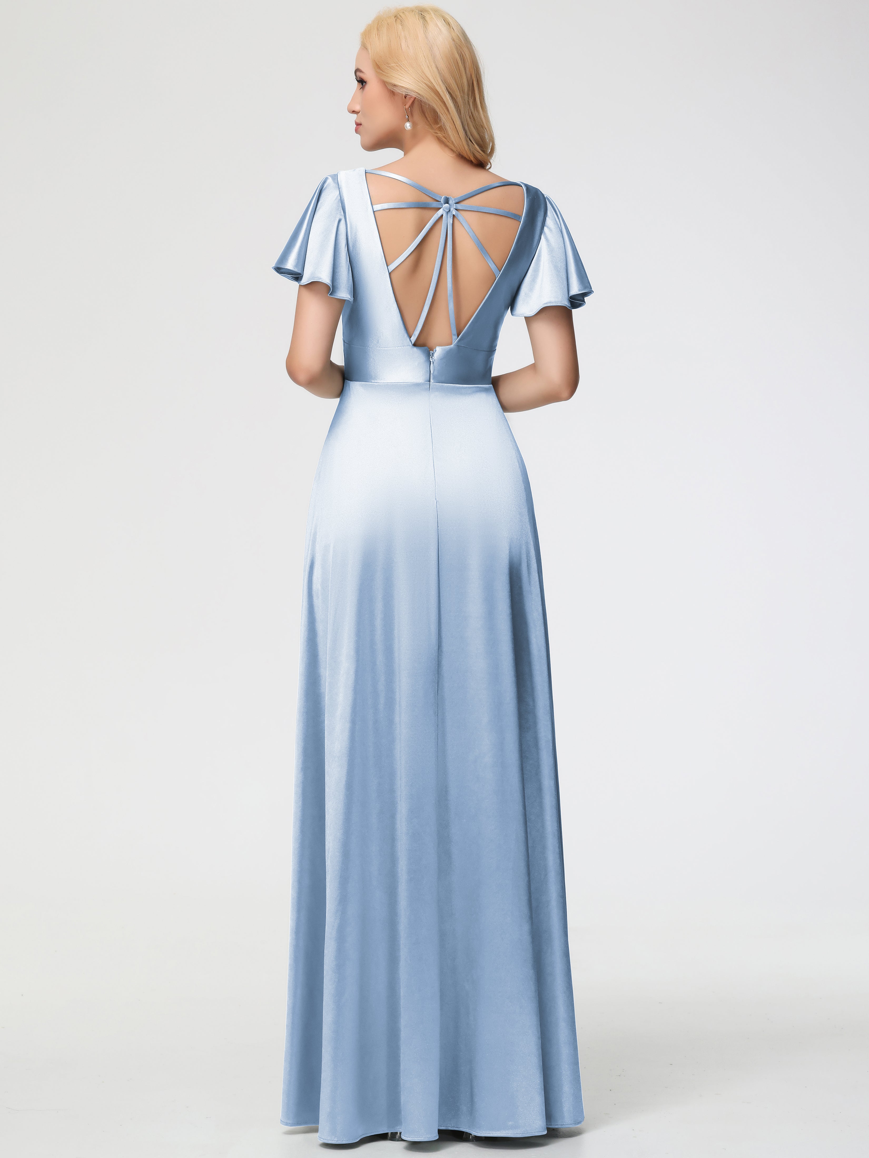 Robes De Demoiselle D'Honneur Bleu Ciel Col V Manches à Volants Fendue Trapèze Satin Extensible Robe De Demoiselle D'Honneur