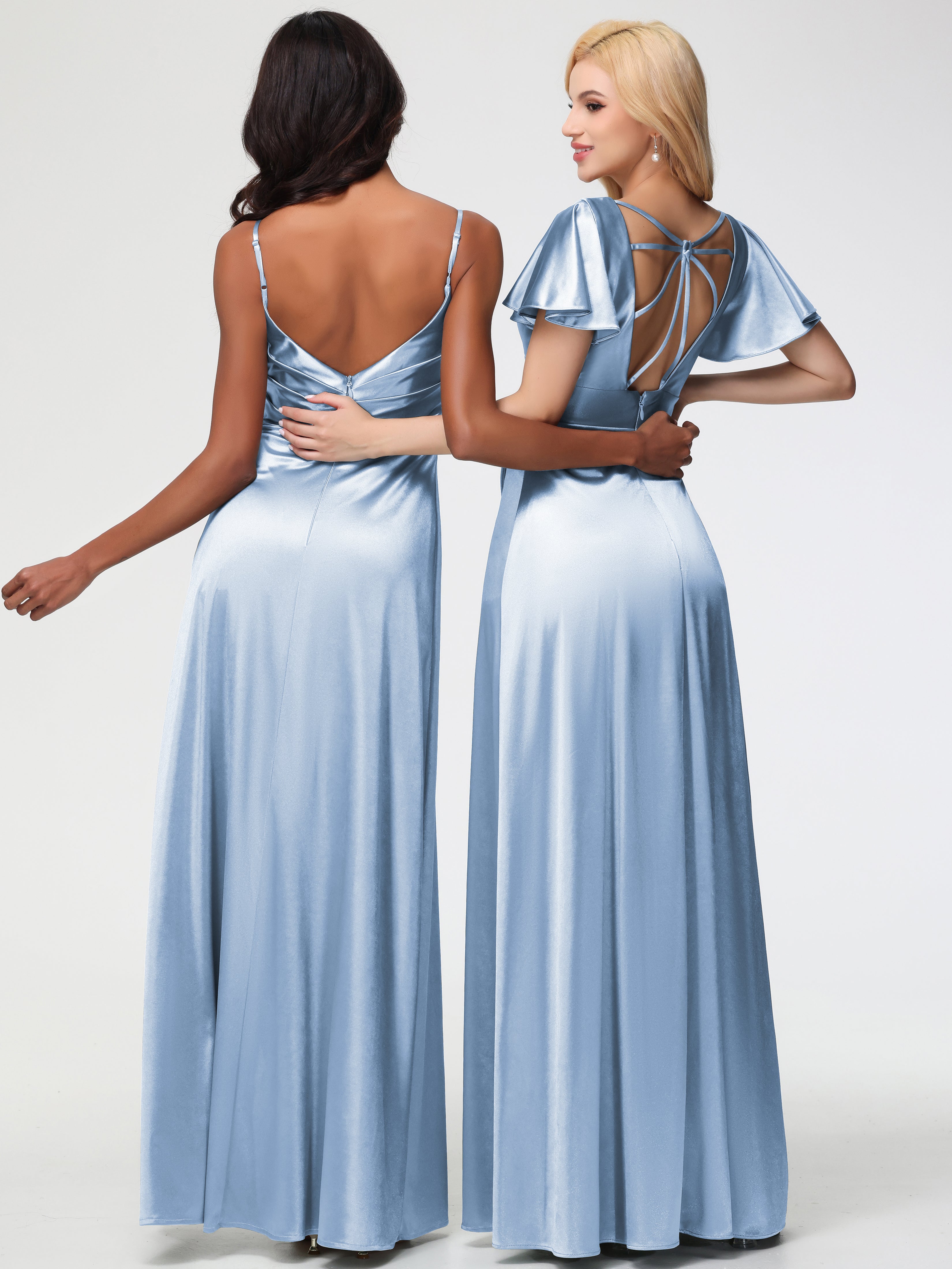Robes De Demoiselle D'Honneur Bleu Ciel Col V Manches à Volants Fendue Trapèze Satin Extensible Robe De Demoiselle D'Honneur