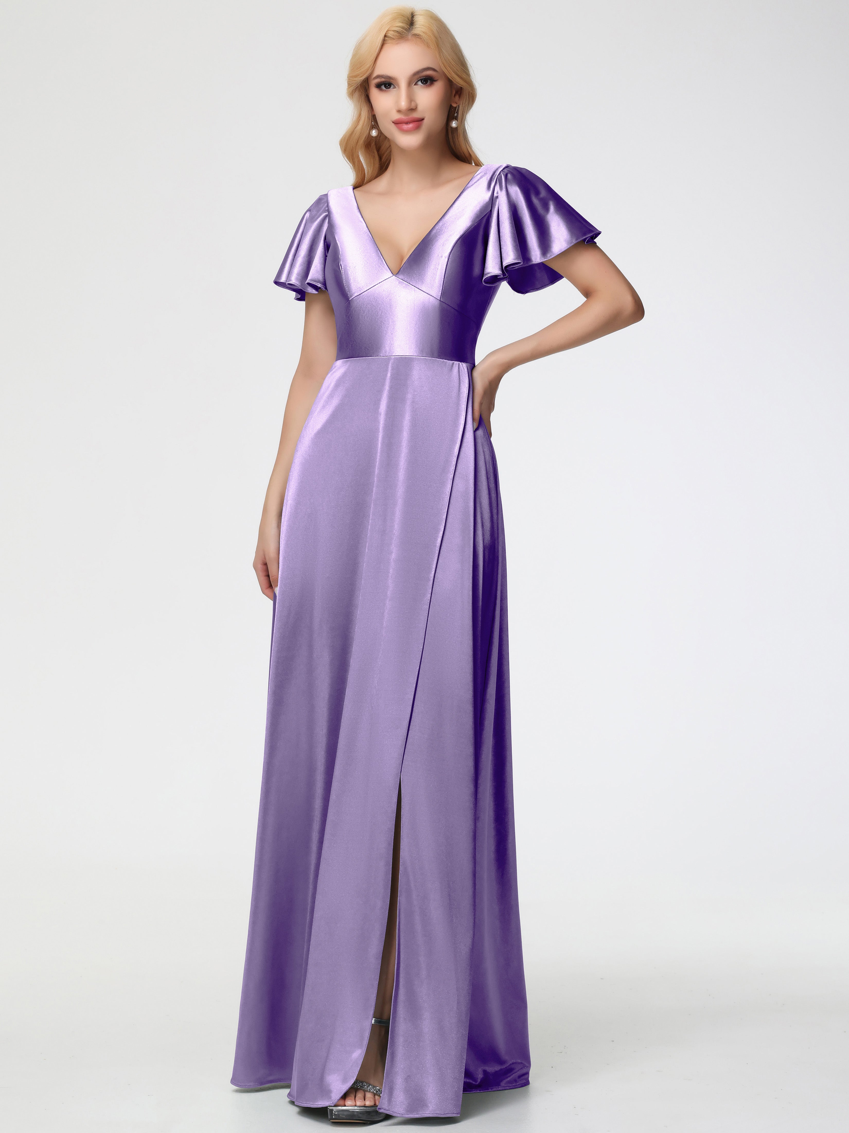 Robes De Demoiselle D'Honneur Tahiti Col V Manches à Volants Fendue Trapèze Satin Extensible Robe De Demoiselle D'Honneur