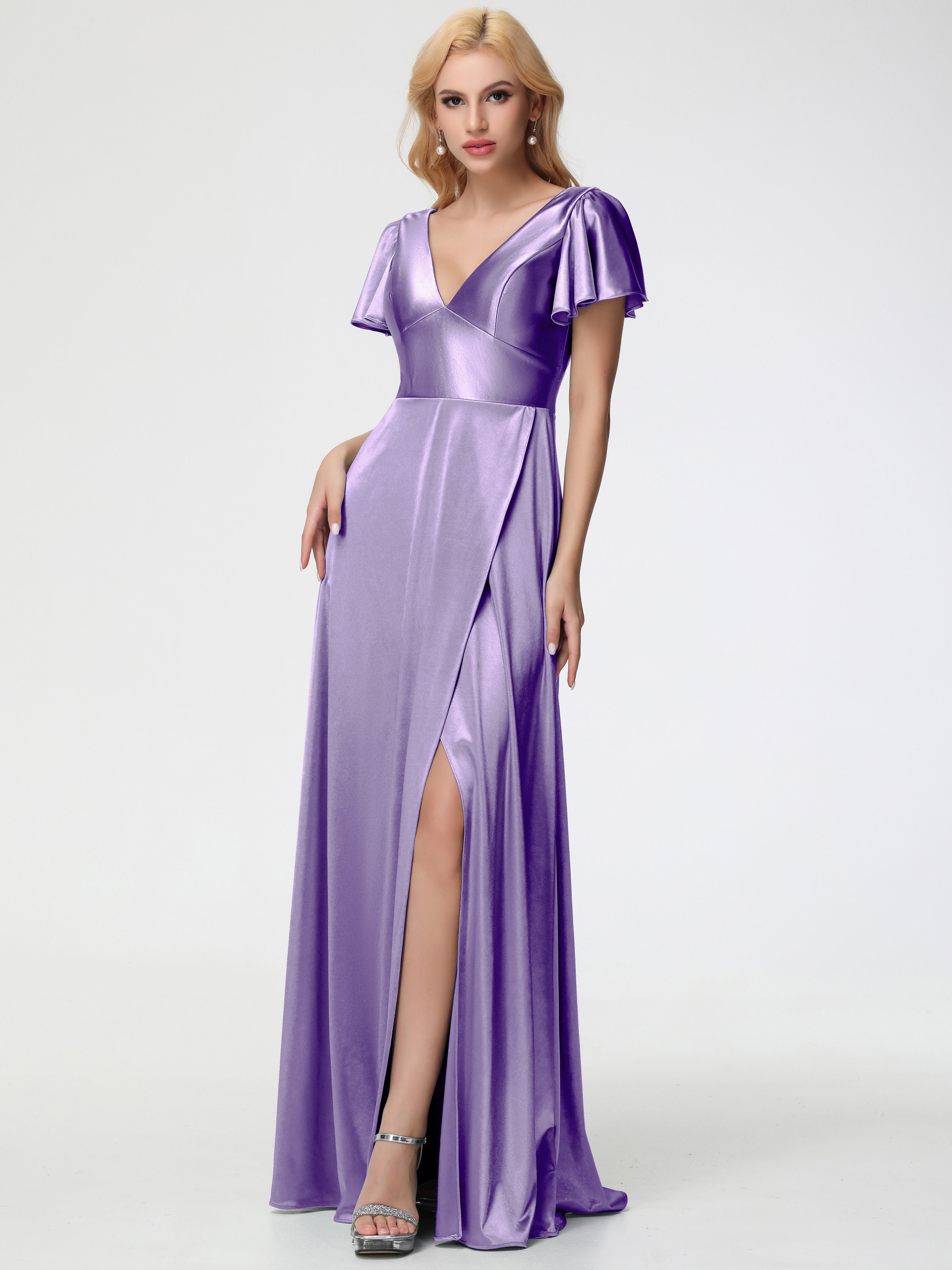 Robes De Demoiselle D'Honneur Tahiti Col V Manches à Volants Fendue Trapèze Satin Extensible Robe De Demoiselle D'Honneur