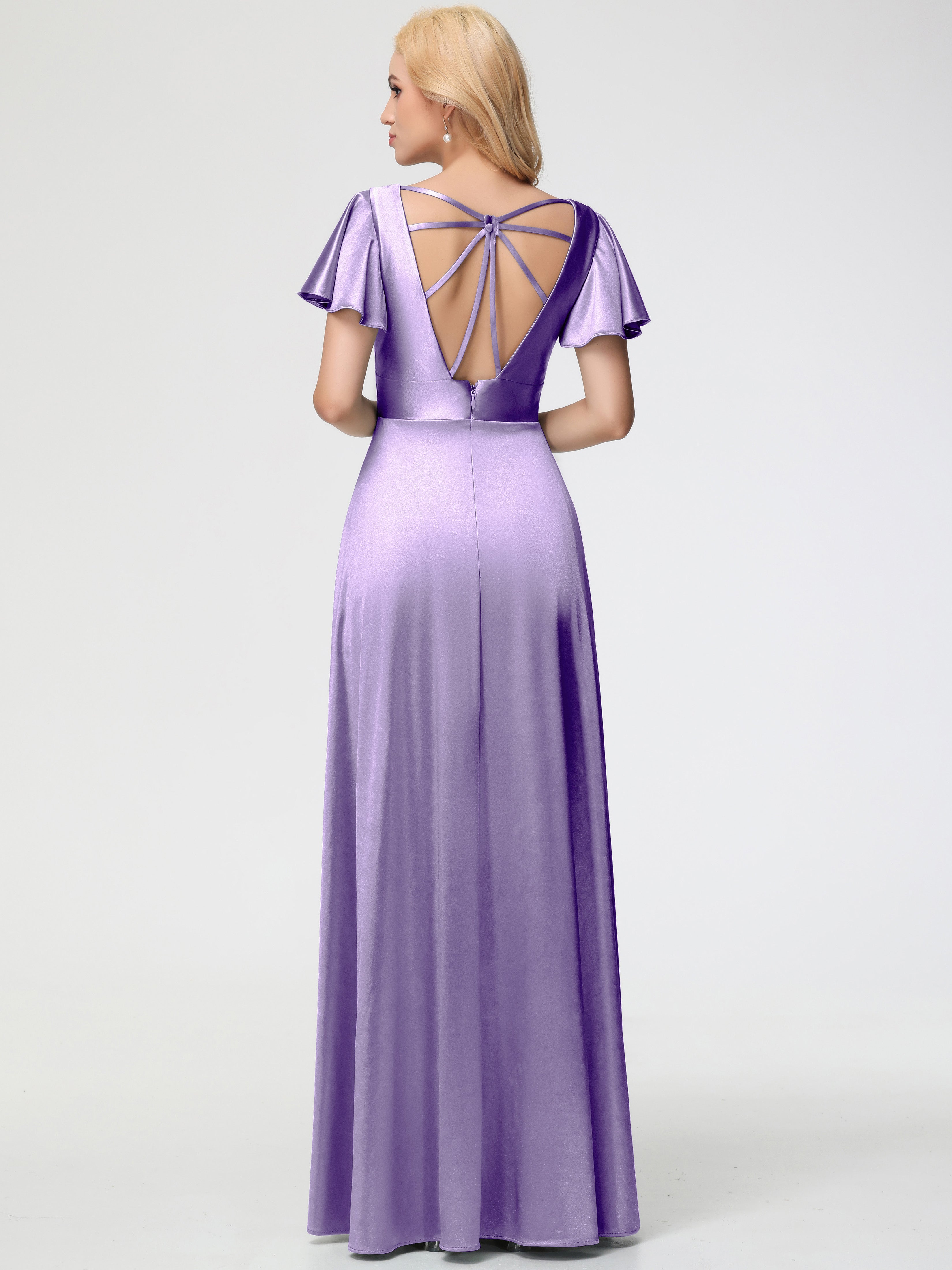 Robes De Demoiselle D'Honneur Tahiti Col V Manches à Volants Fendue Trapèze Satin Extensible Robe De Demoiselle D'Honneur