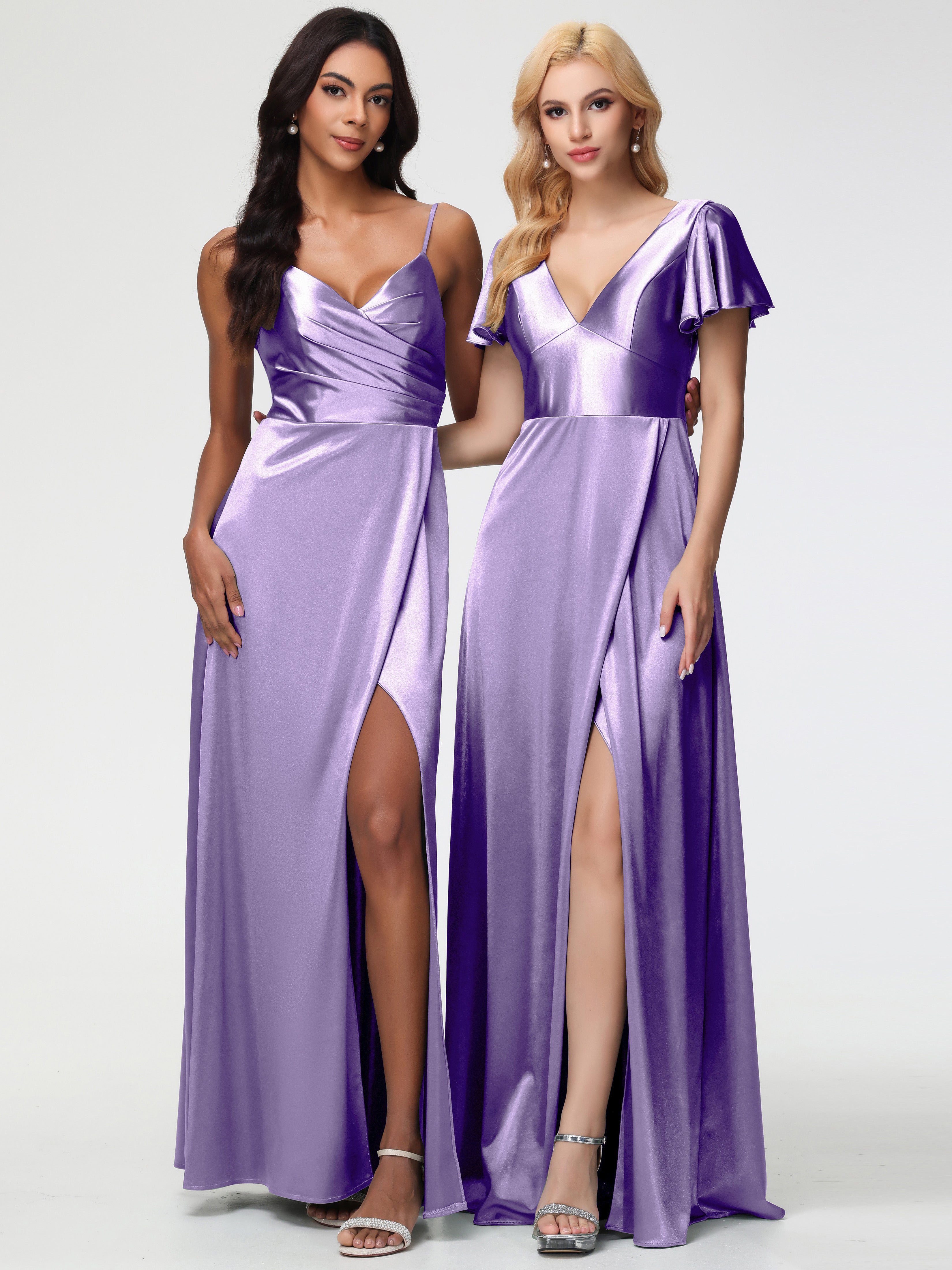 Robes De Demoiselle D'Honneur Tahiti Col V Manches à Volants Fendue Trapèze Satin Extensible Robe De Demoiselle D'Honneur