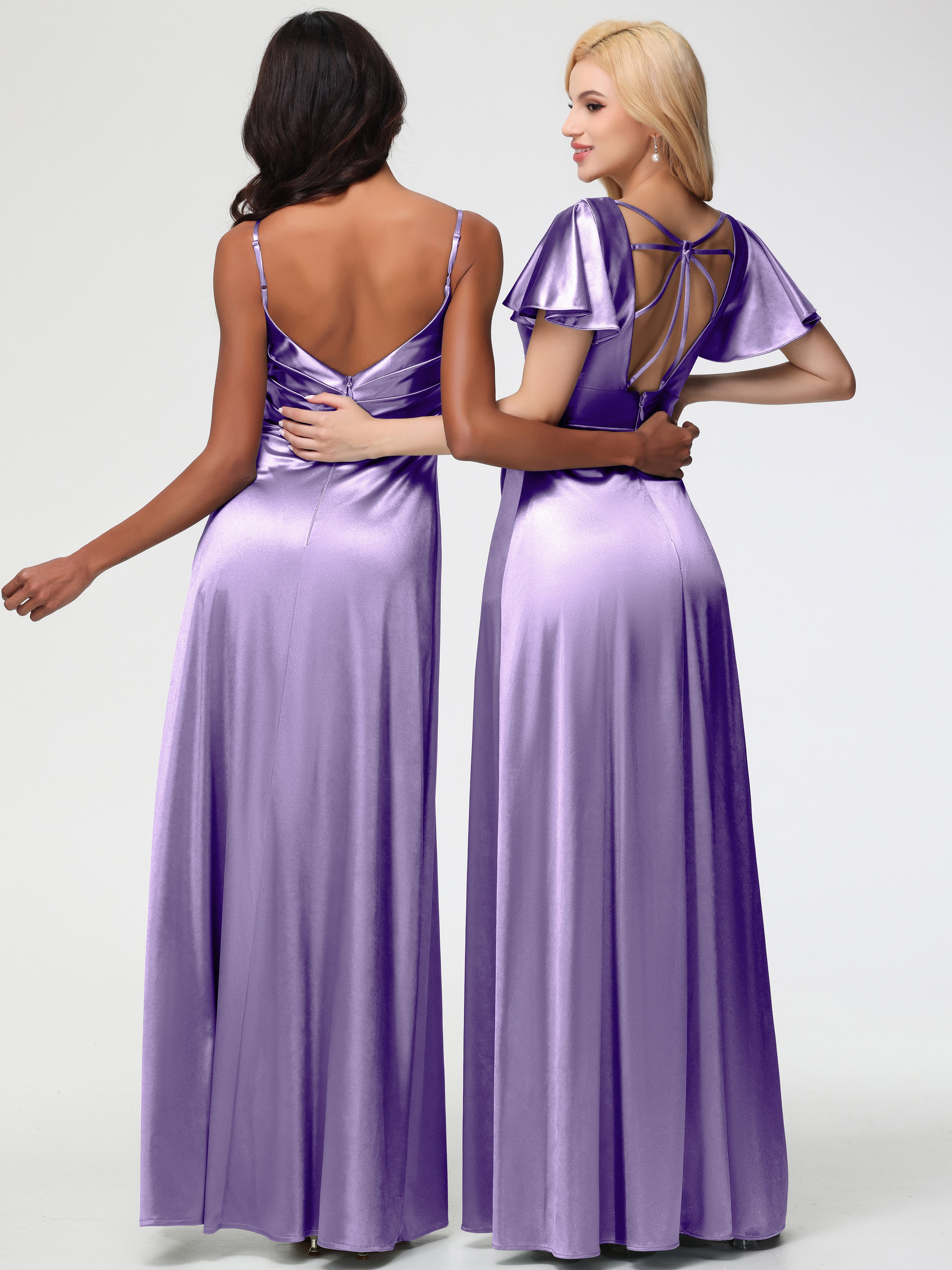 Robes De Demoiselle D'Honneur Tahiti Col V Manches à Volants Fendue Trapèze Satin Extensible Robe De Demoiselle D'Honneur