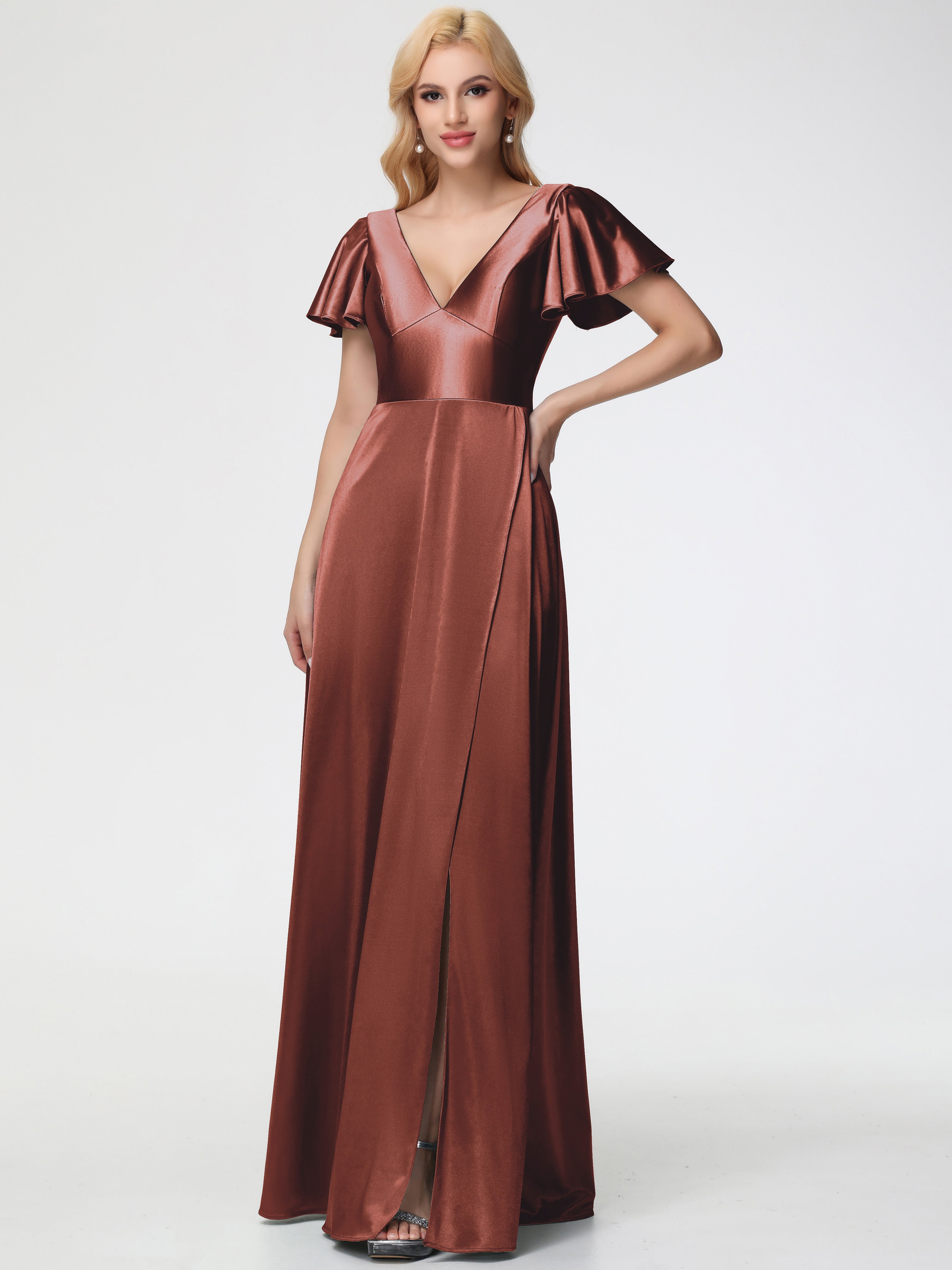 Robes De Demoiselle D'Honneur En Terre Cuite Col V Manches à Volants Fendue Trapèze Satin Extensible Robe De Demoiselle D'Honneur