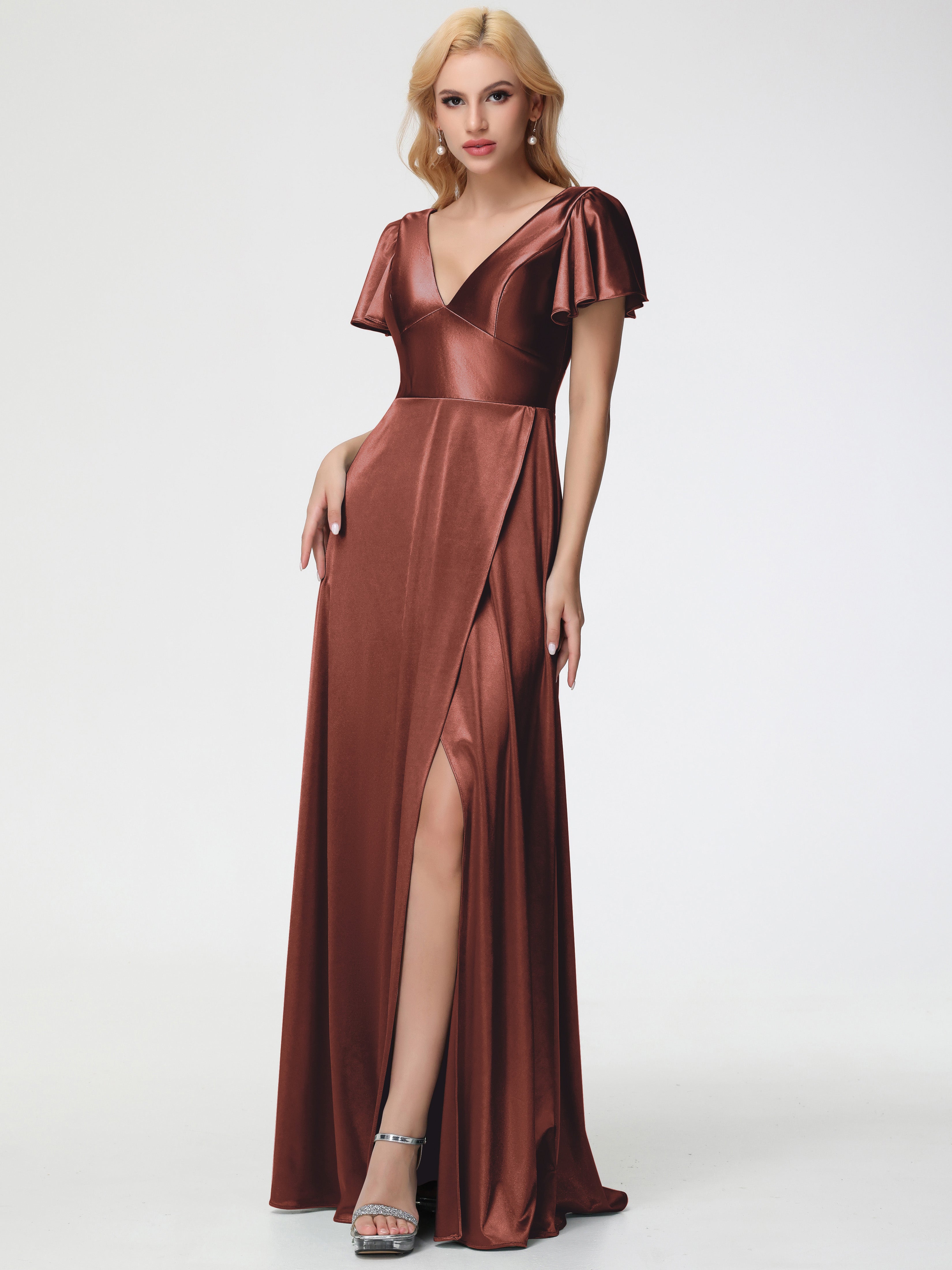 Robes De Demoiselle D'Honneur En Terre Cuite Col V Manches à Volants Fendue Trapèze Satin Extensible Robe De Demoiselle D'Honneur