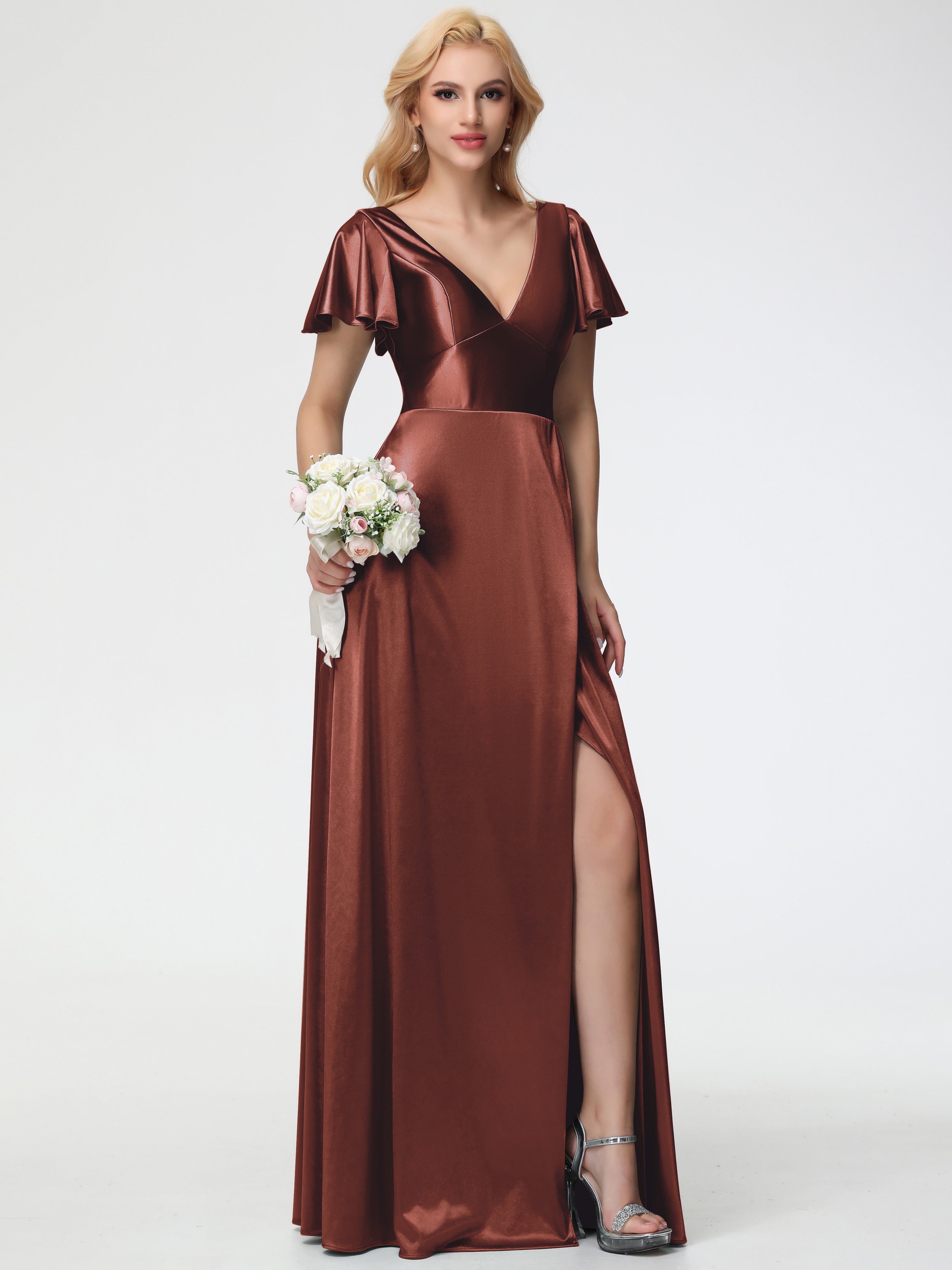 Robes De Demoiselle D'Honneur En Terre Cuite Col V Manches à Volants Fendue Trapèze Satin Extensible Robe De Demoiselle D'Honneur