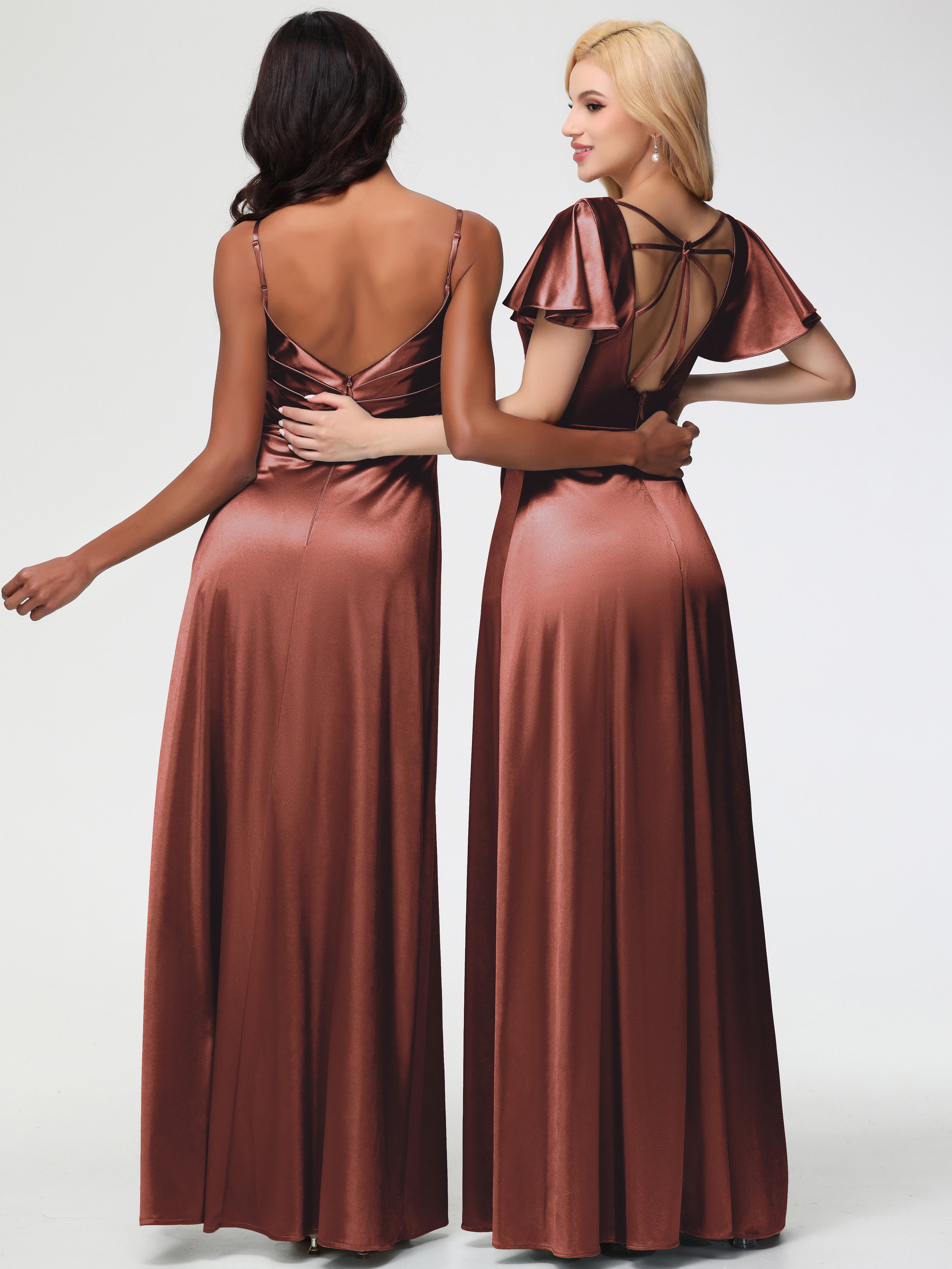 Robes De Demoiselle D'Honneur En Terre Cuite Col V Manches à Volants Fendue Trapèze Satin Extensible Robe De Demoiselle D'Honneur