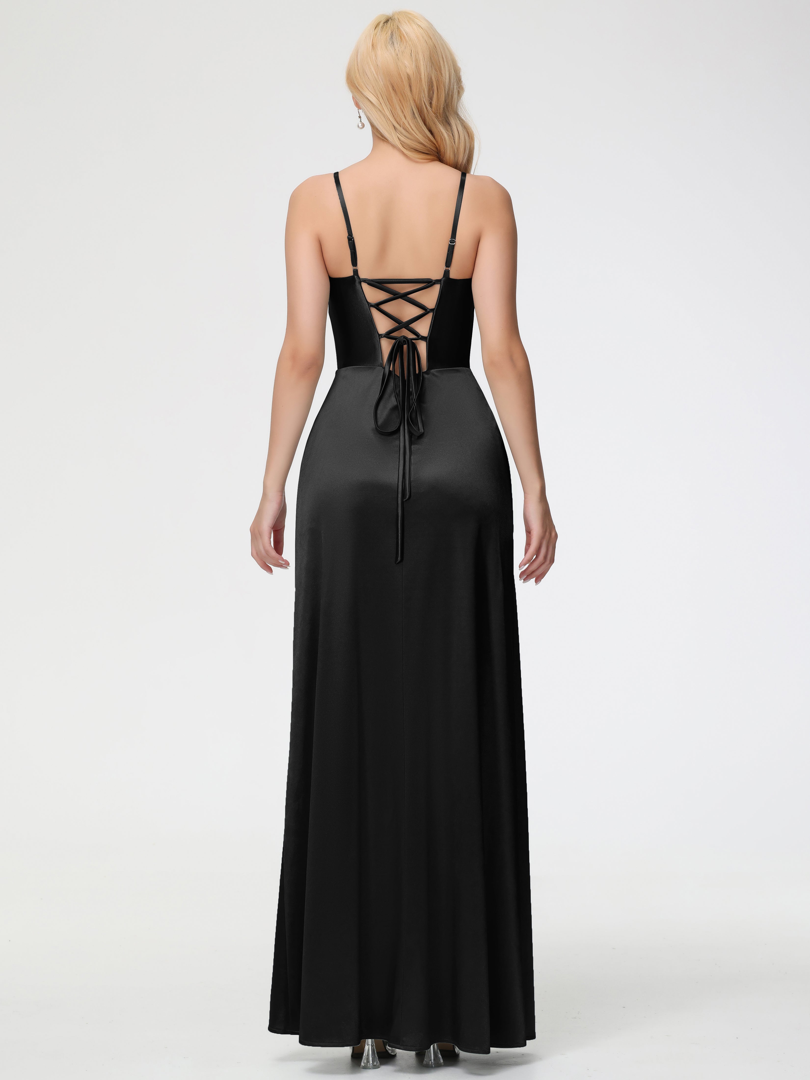 Longues Robes De Demoiselle D'Honneur Noires Col V Bretelles Spaghetti Fendue Satin Extensible Robe De Demoiselle D'Honneur Robe Plissée