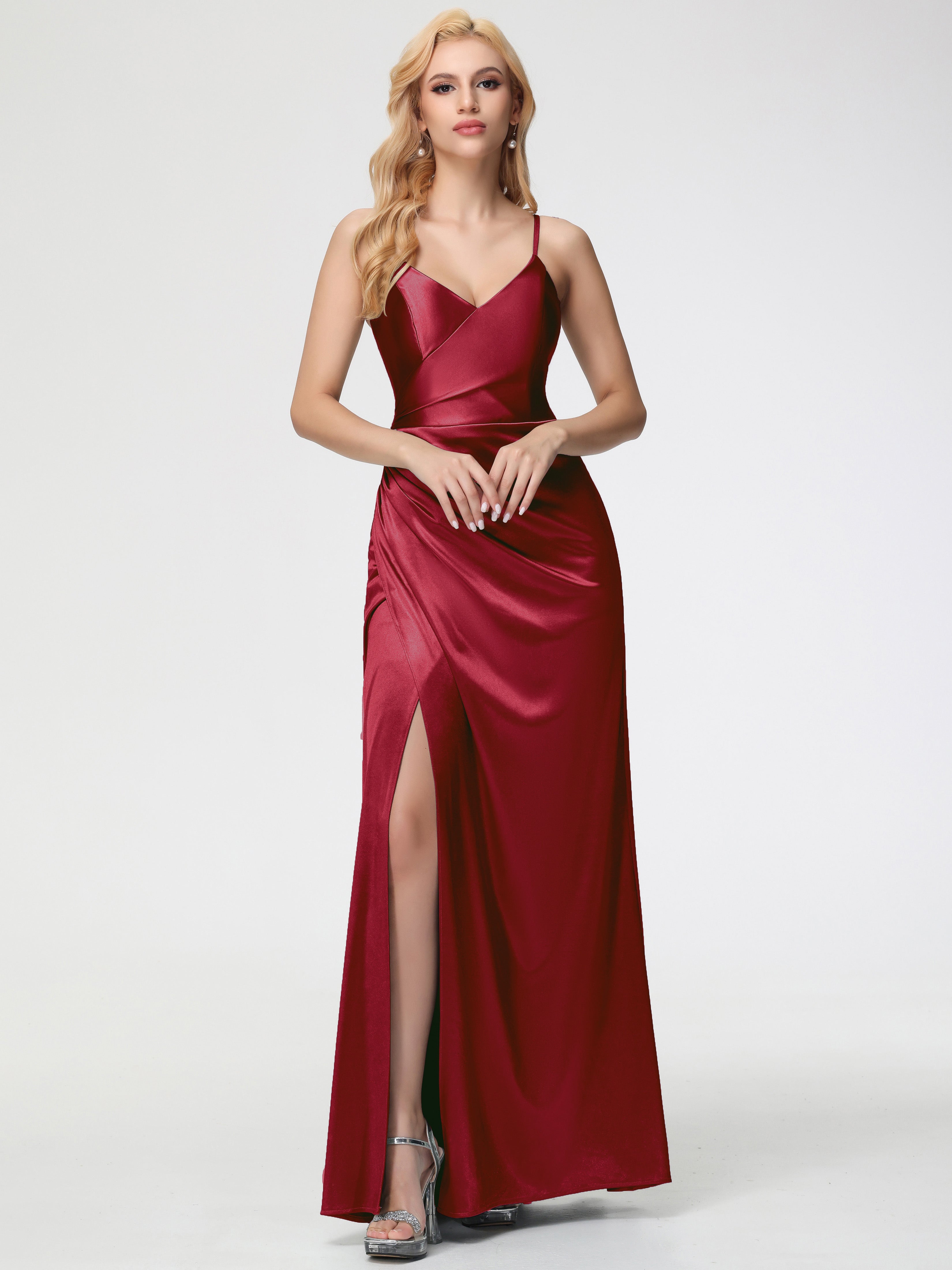 Robes De Demoiselle D'Honneur Couleur Bordeaux Col V Bretelles Spaghetti Fendue Satin Extensible Robe De Demoiselle D'Honneur Robe Plissée