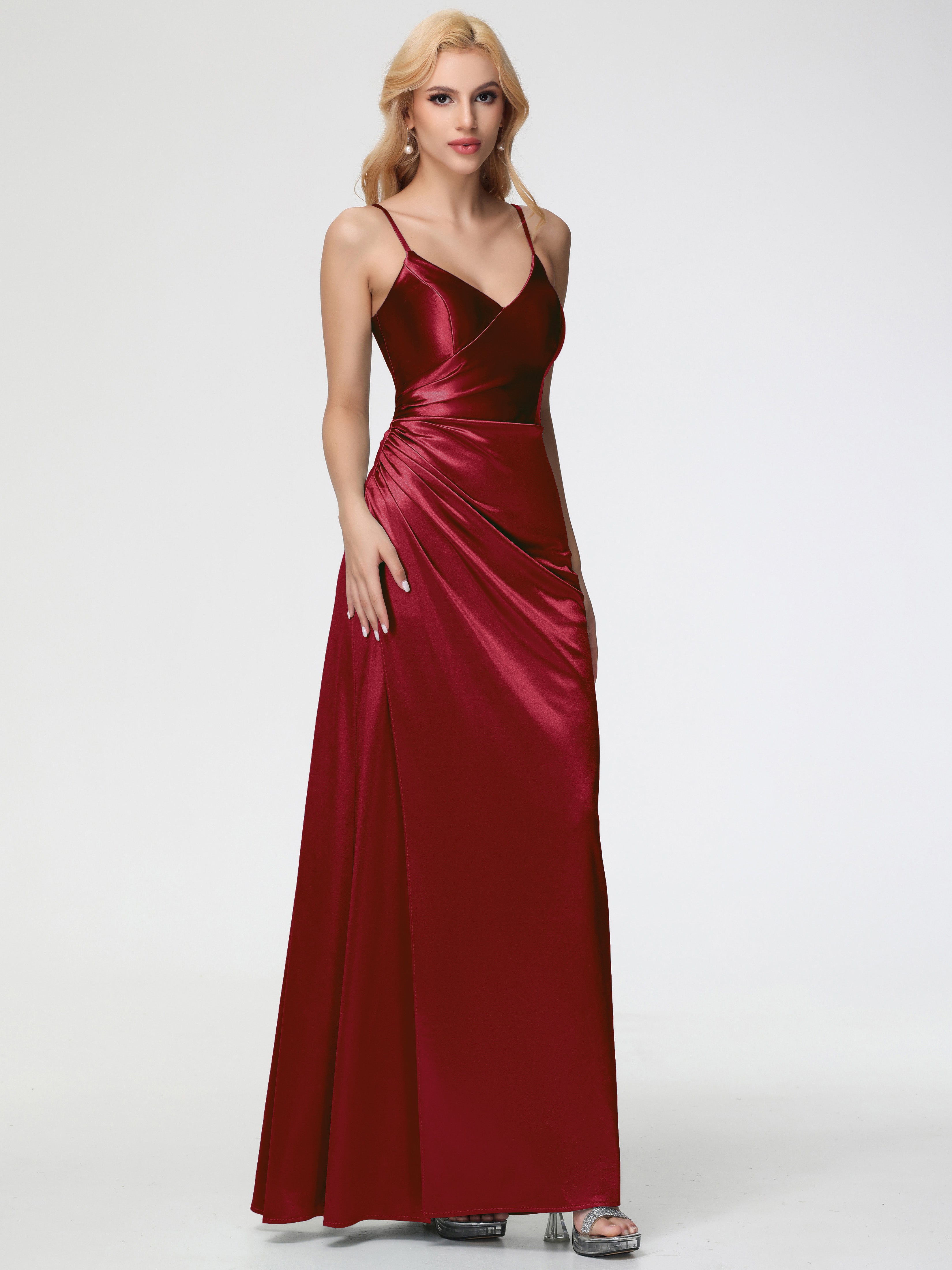 Robes De Demoiselle D'Honneur Couleur Bordeaux Col V Bretelles Spaghetti Fendue Satin Extensible Robe De Demoiselle D'Honneur Robe Plissée