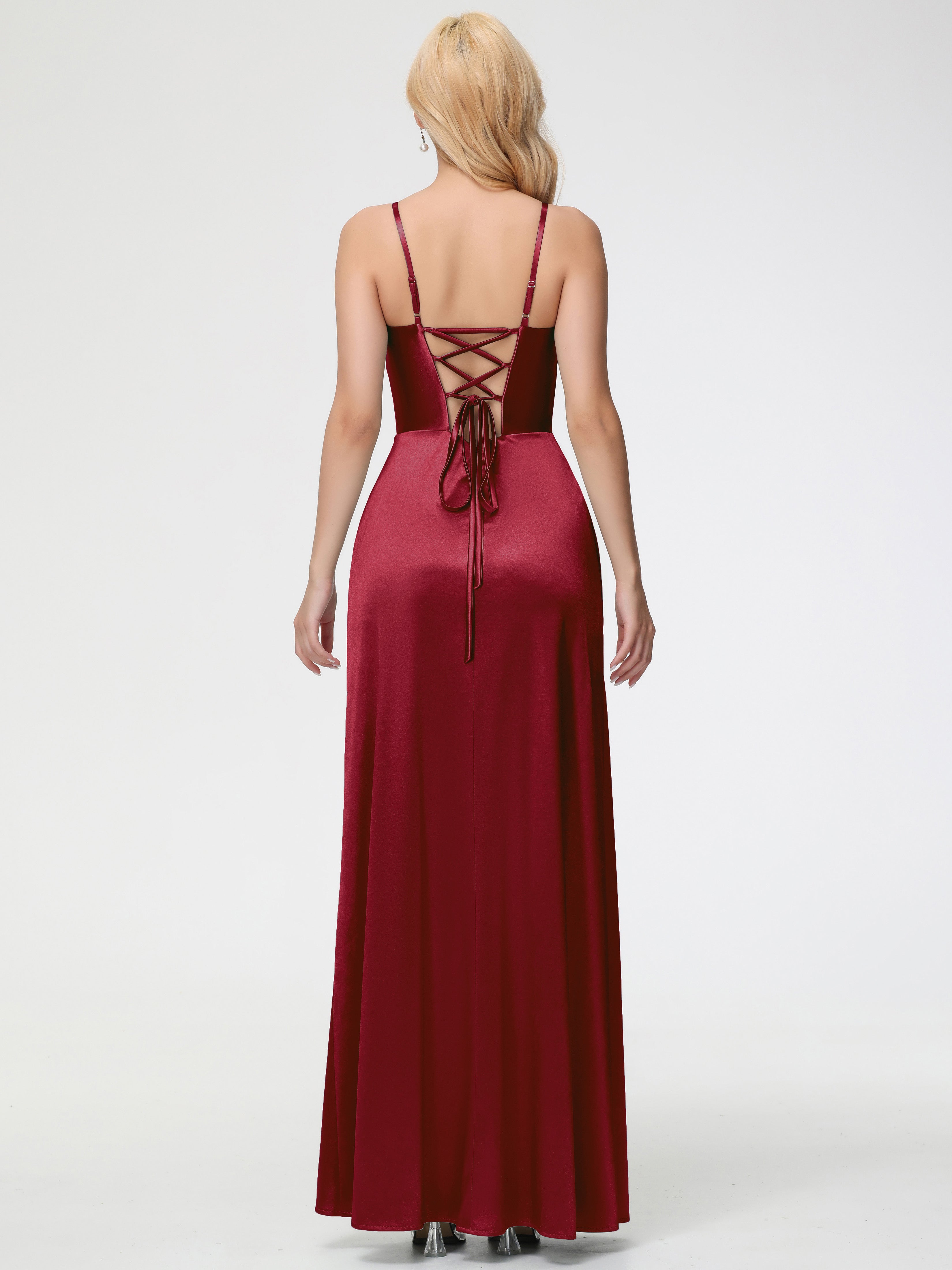 Robes De Demoiselle D'Honneur Couleur Bordeaux Col V Bretelles Spaghetti Fendue Satin Extensible Robe De Demoiselle D'Honneur Robe Plissée