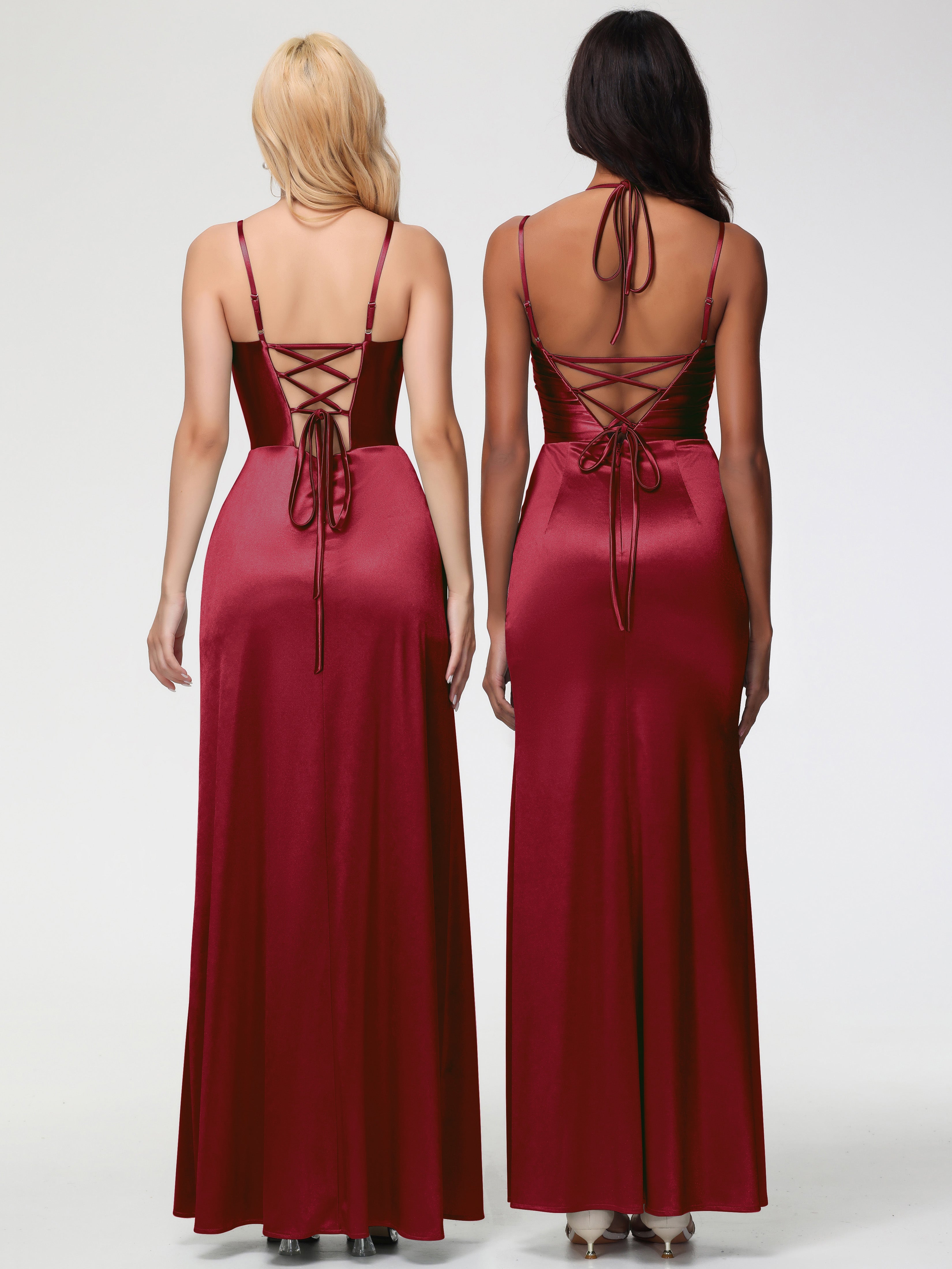 Robes De Demoiselle D'Honneur Couleur Bordeaux Col V Bretelles Spaghetti Fendue Satin Extensible Robe De Demoiselle D'Honneur Robe Plissée