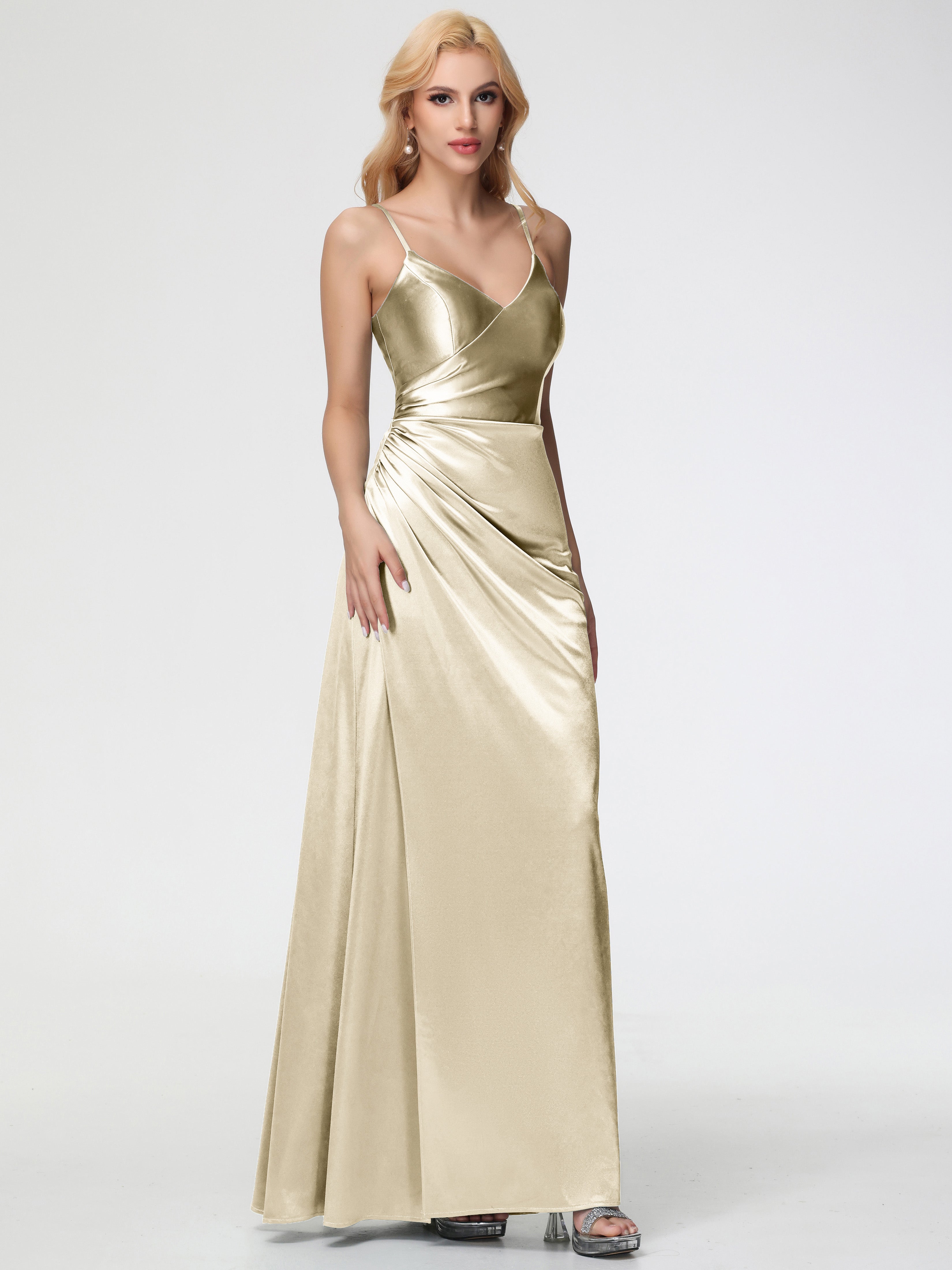 Robes De Demoiselle D'Honneur Champagne Or Col V Bretelles Spaghetti Fendue Satin Extensible Robe De Demoiselle D'Honneur Robe Plissée