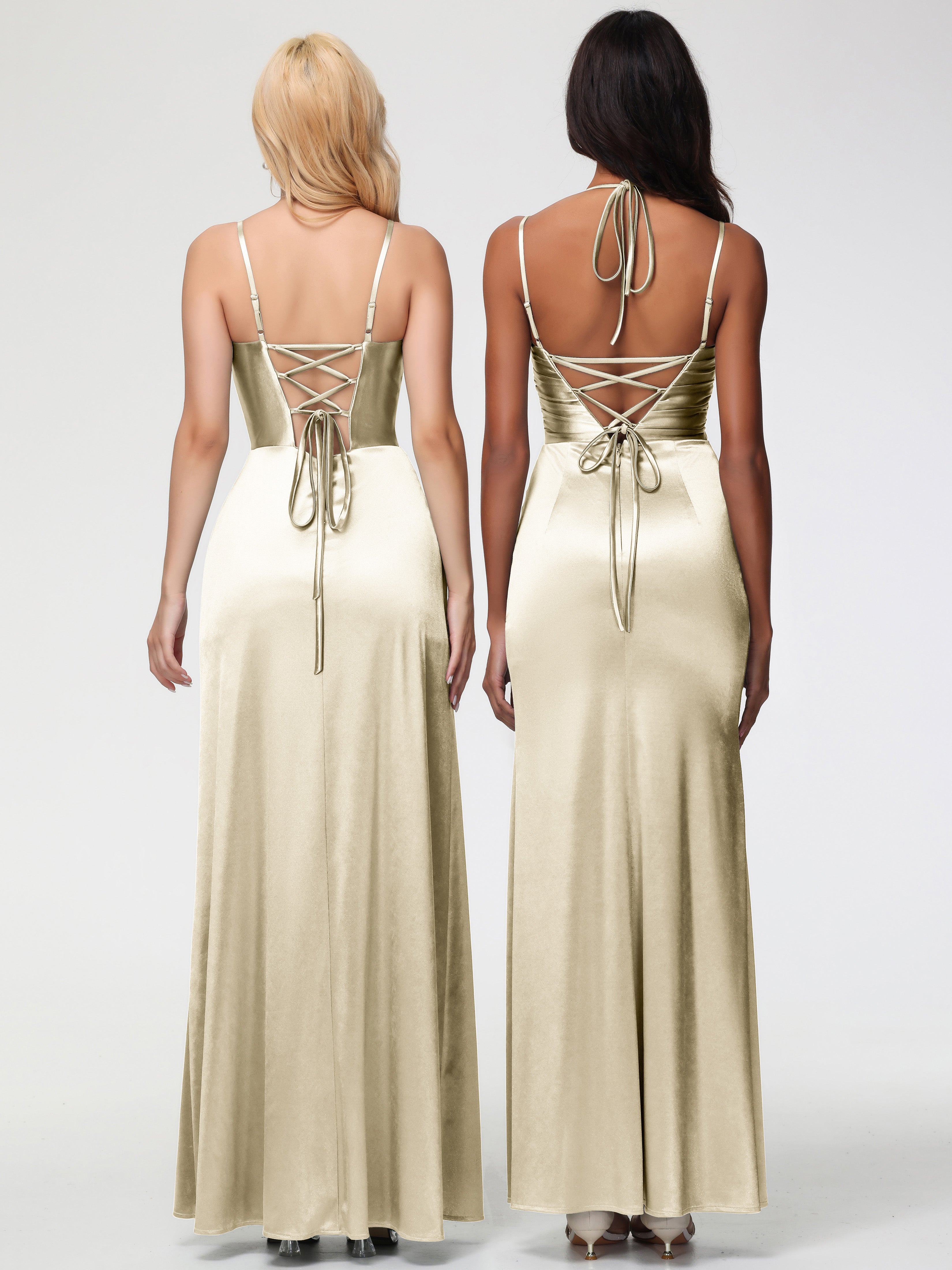 Robes De Demoiselle D'Honneur Champagne Or Col V Bretelles Spaghetti Fendue Satin Extensible Robe De Demoiselle D'Honneur Robe Plissée