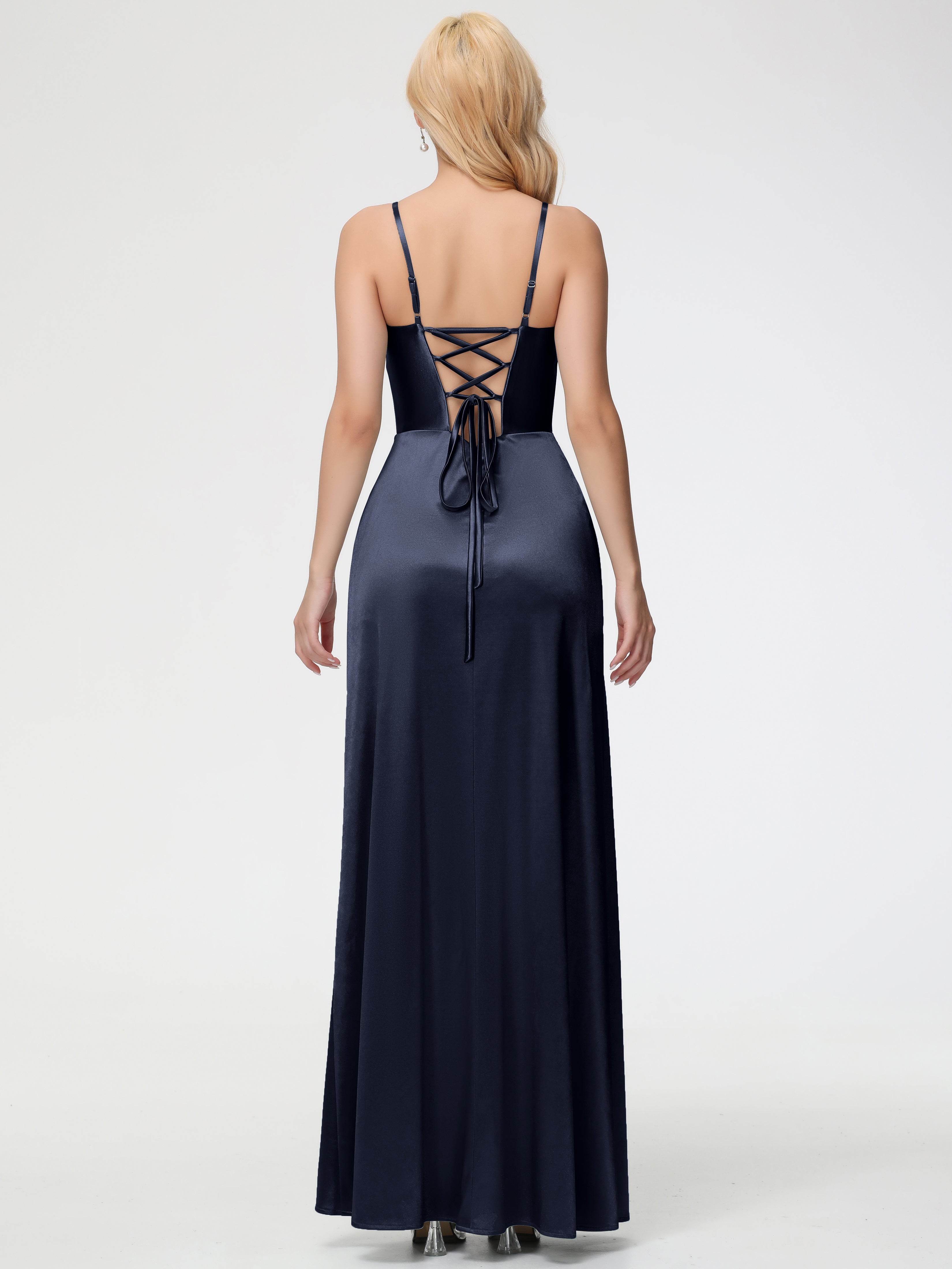 Robes De Demoiselle D'Honneur Bleu Marine Foncé Col V Bretelles Spaghetti Fendue Satin Extensible Robe De Demoiselle D'Honneur Robe Plissée