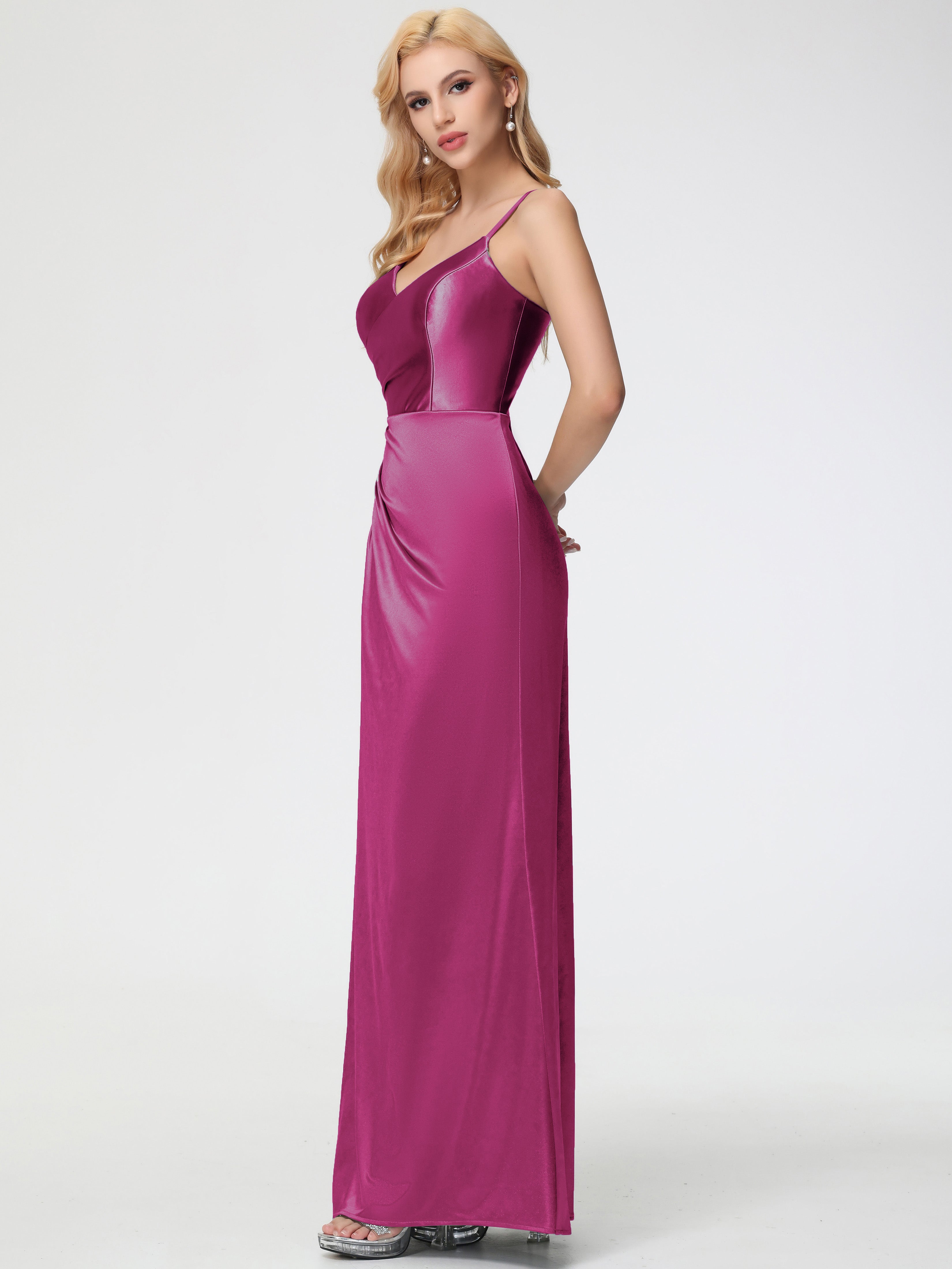 Robes De Demoiselle D'Honneur Rose Fuchsia Col V Bretelles Spaghetti Fendue Satin Extensible Robe De Demoiselle D'Honneur Robe Plissée