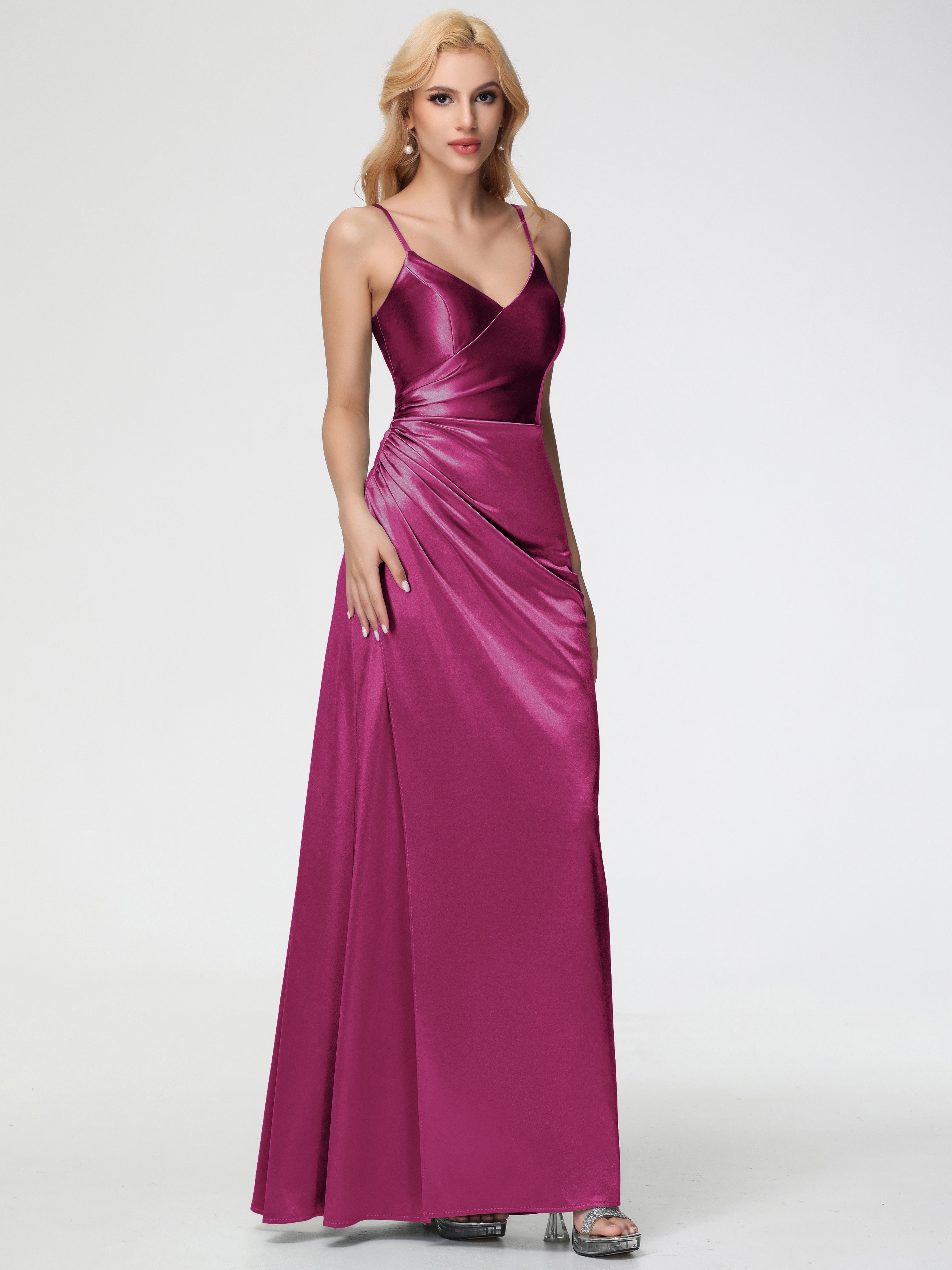 Robes De Demoiselle D'Honneur Rose Fuchsia Col V Bretelles Spaghetti Fendue Satin Extensible Robe De Demoiselle D'Honneur Robe Plissée