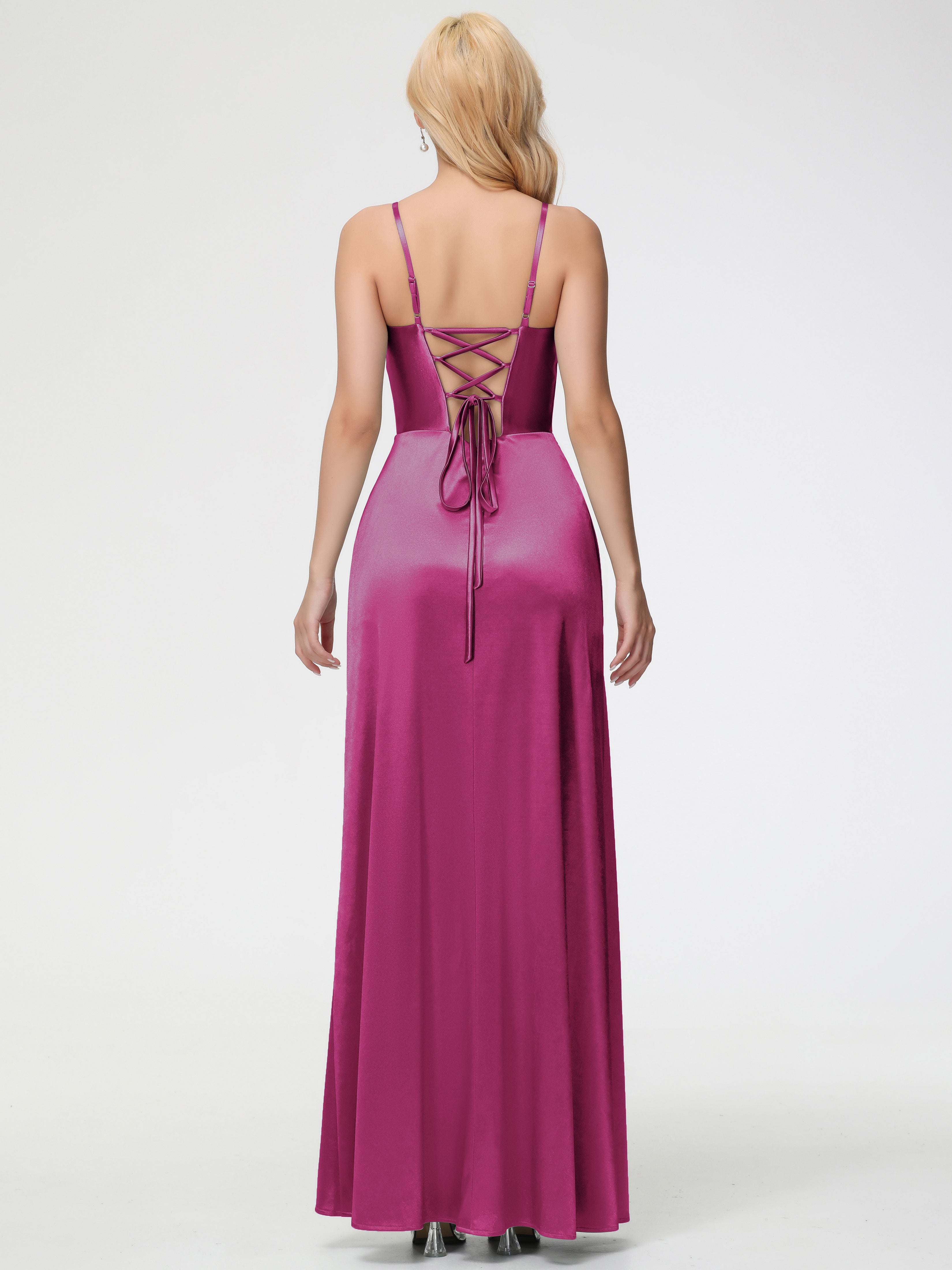 Robes De Demoiselle D'Honneur Rose Fuchsia Col V Bretelles Spaghetti Fendue Satin Extensible Robe De Demoiselle D'Honneur Robe Plissée