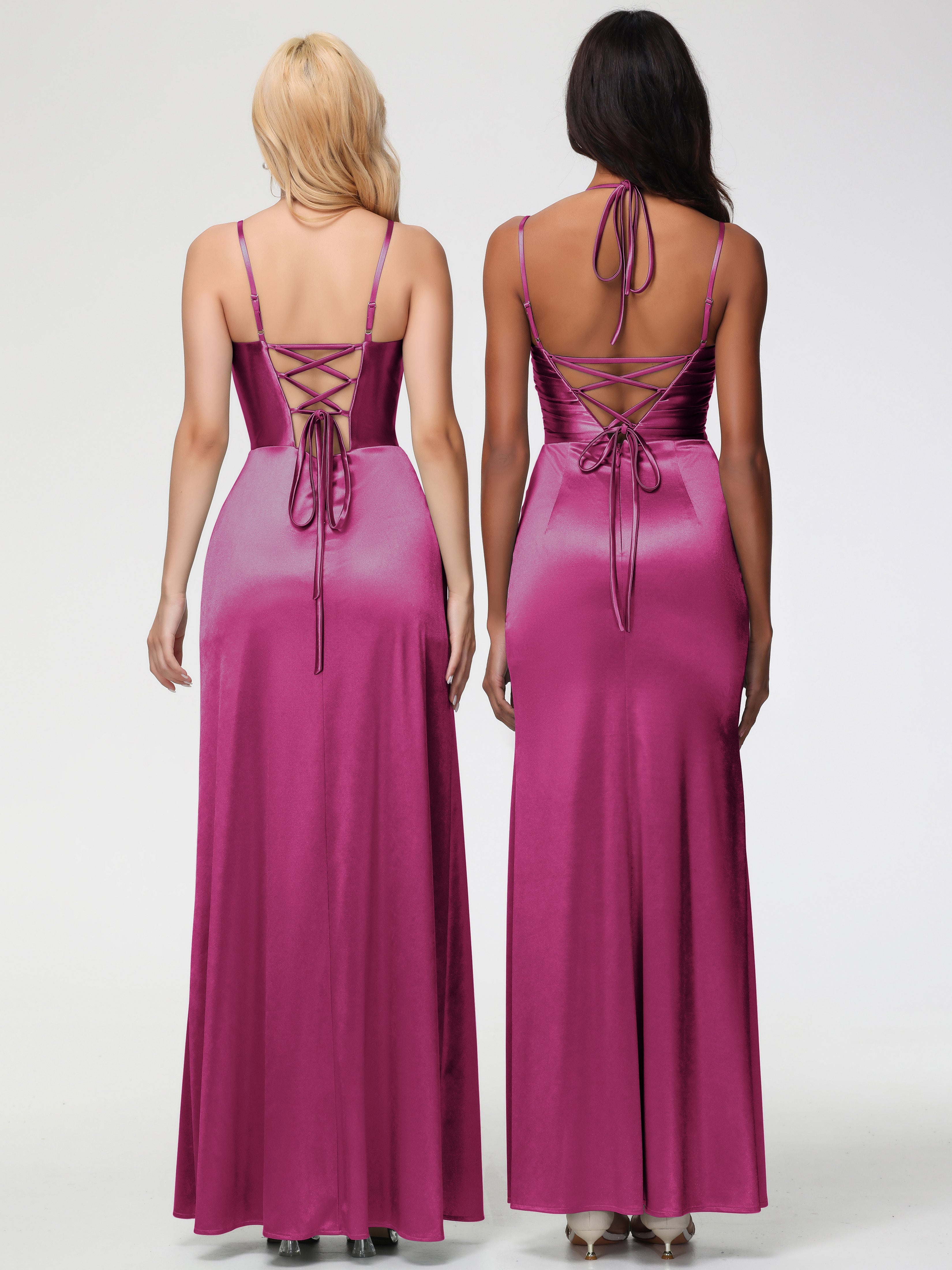 Robes De Demoiselle D'Honneur Rose Fuchsia Col V Bretelles Spaghetti Fendue Satin Extensible Robe De Demoiselle D'Honneur Robe Plissée