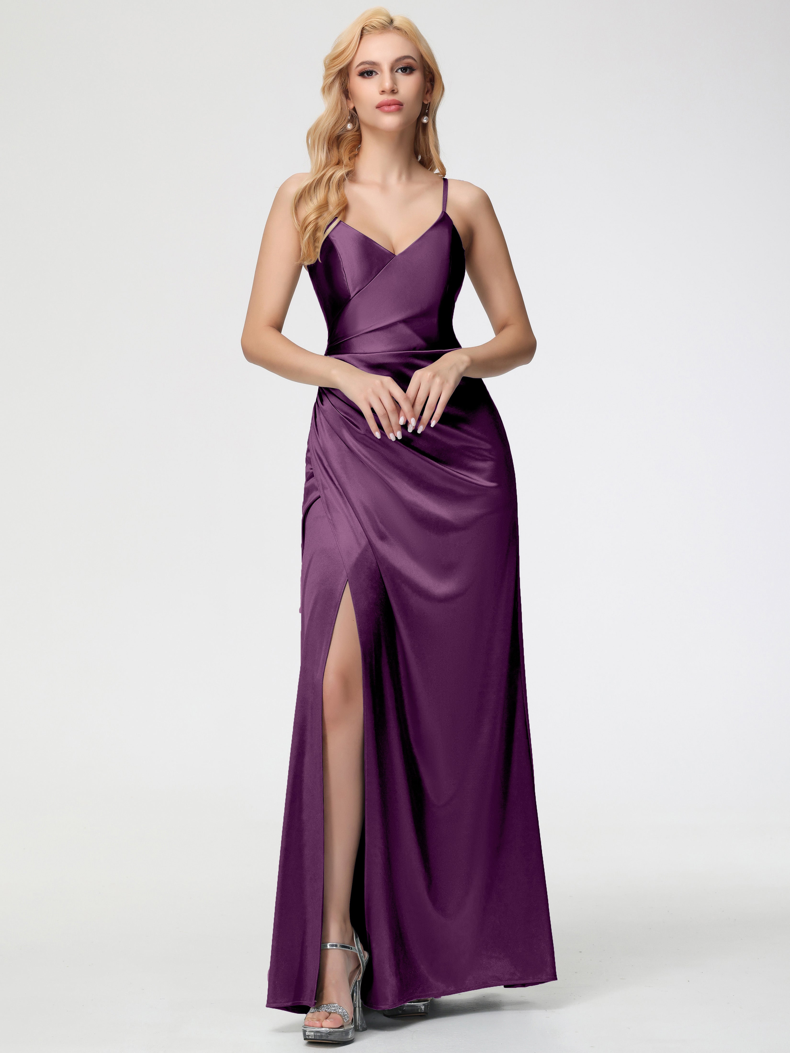 Robes De Demoiselle D'Honneur En Raisin Col V Bretelles Spaghetti Fendue Satin Extensible Robe De Demoiselle D'Honneur Robe Plissée