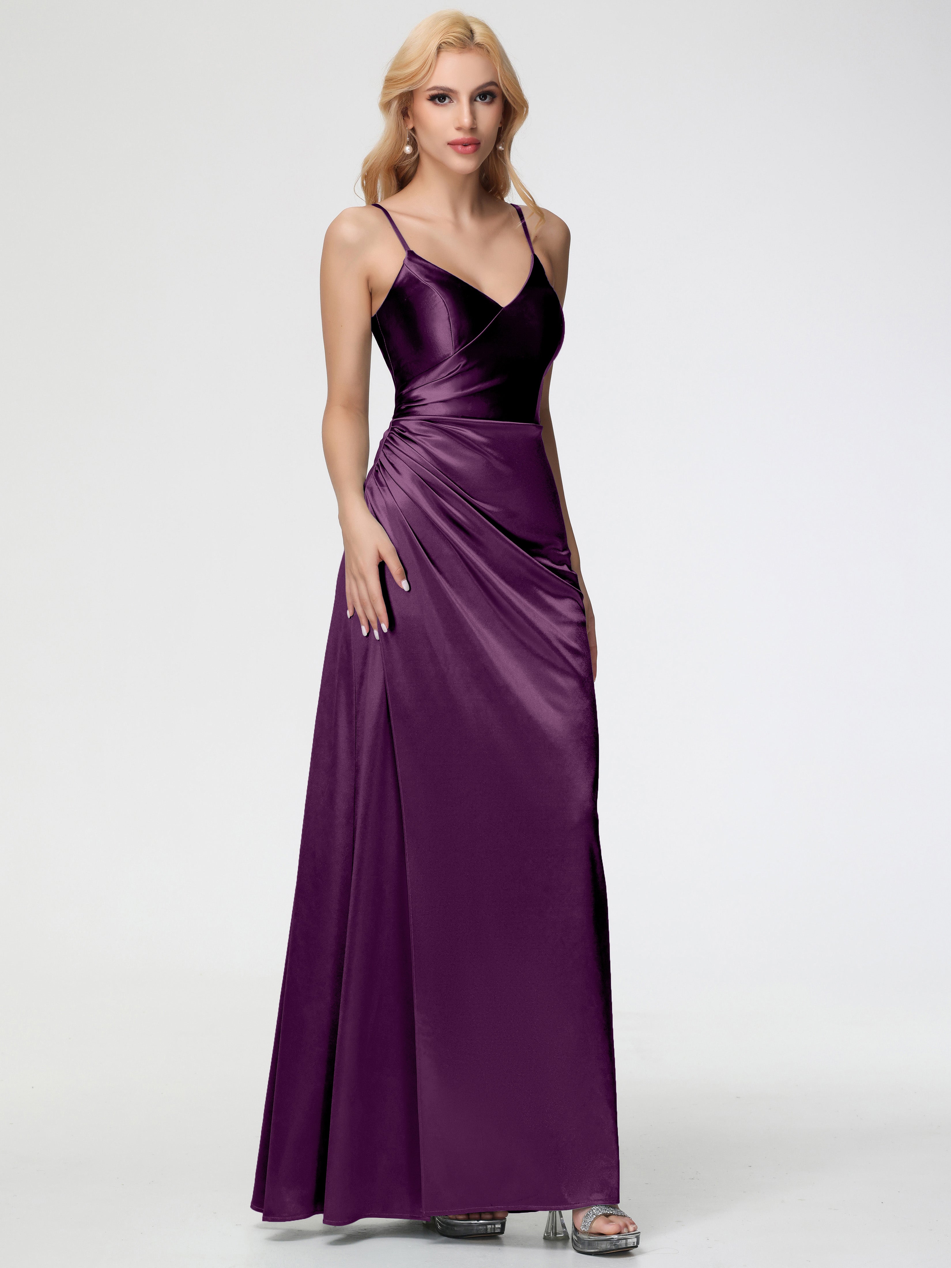 Robes De Demoiselle D'Honneur En Raisin Col V Bretelles Spaghetti Fendue Satin Extensible Robe De Demoiselle D'Honneur Robe Plissée